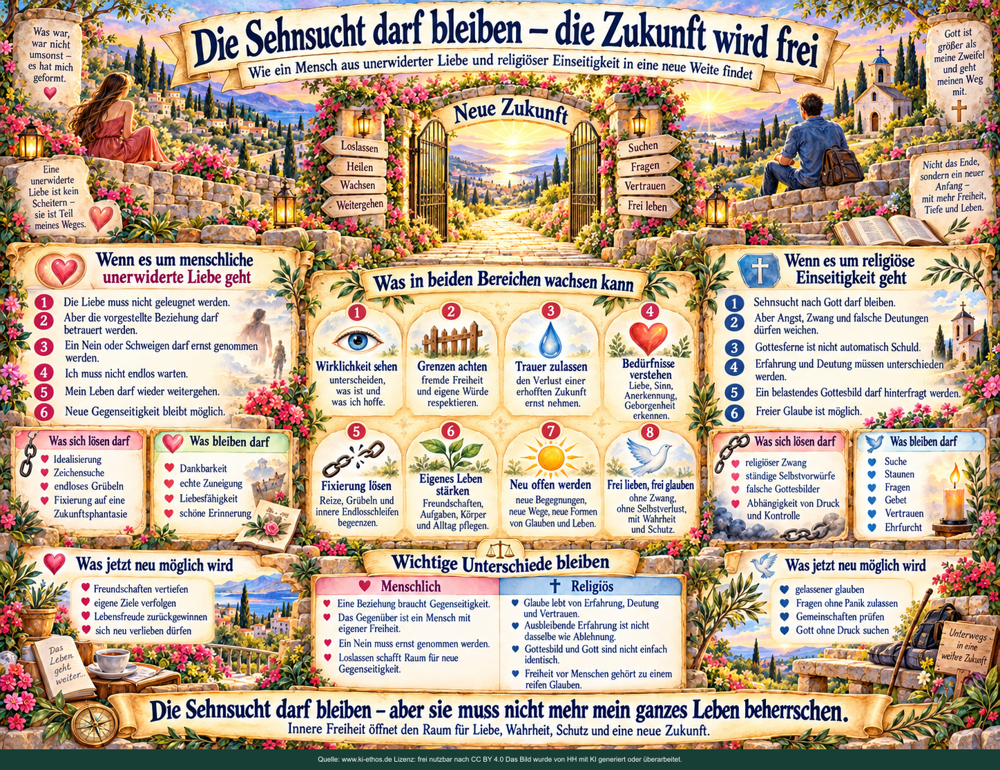 Zwei Menschen gehen auf eigenen Wegen in eine helle Landschaft; strukturierte Tafeln zeigen, was losgelassen und bewahrt werden kann. Zwei Menschen gehen auf eigenen Wegen in eine helle Landschaft; strukturierte Tafeln zeigen, was losgelassen und bewahrt werden kann.
