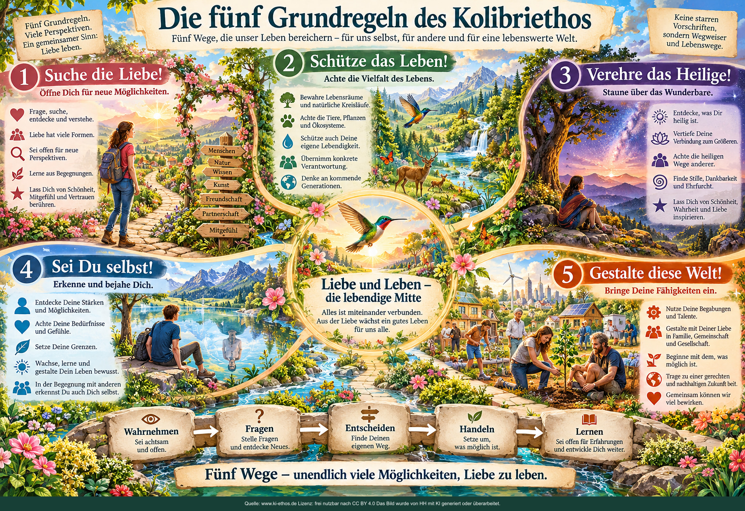 Übersicht der fünf Grundregeln als fünf Wege in einer blühenden Landschaft mit dem Netz aus Liebe und Leben in der Mitte. Übersicht der fünf Grundregeln als fünf Wege in einer blühenden Landschaft mit dem Netz aus Liebe und Leben in der Mitte.