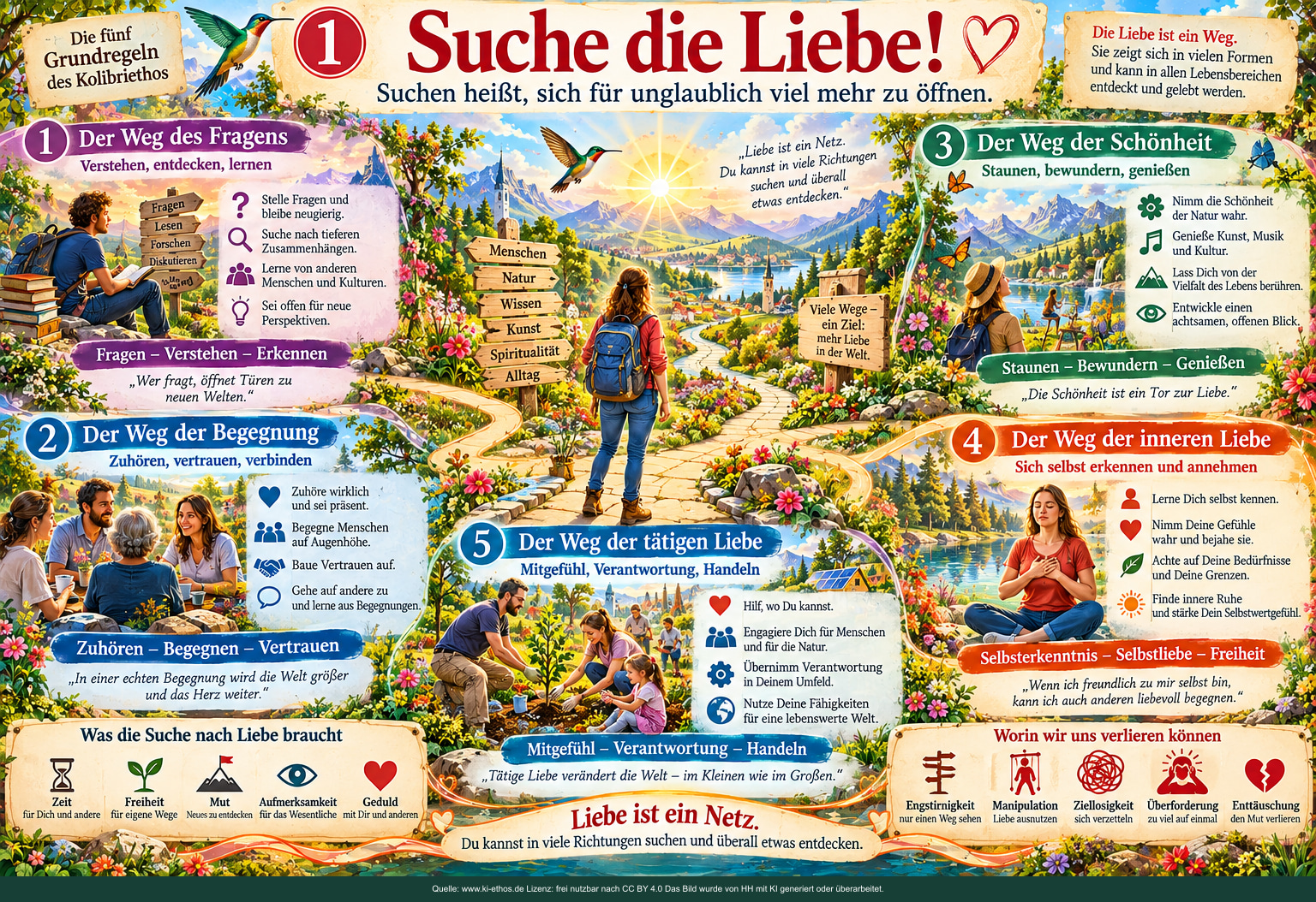 Ein Mensch steht an einer Wegkreuzung zwischen Fragen, Begegnung, Schönheit, innerer Liebe und tätiger Liebe. Ein Mensch steht an einer Wegkreuzung zwischen Fragen, Begegnung, Schönheit, innerer Liebe und tätiger Liebe.