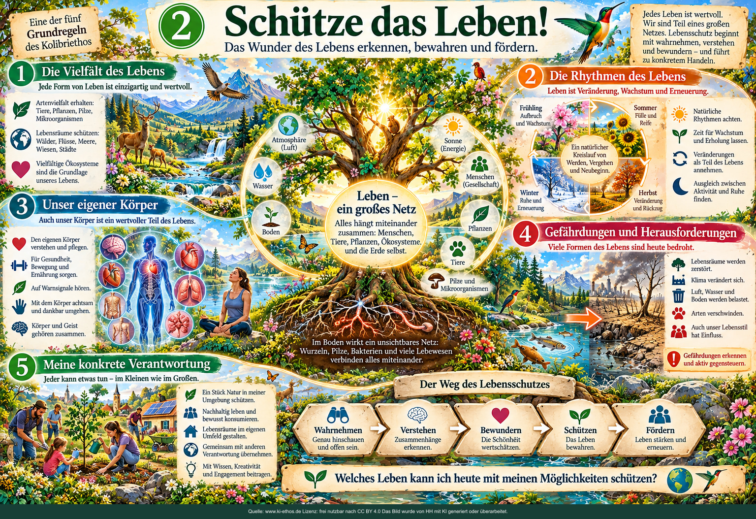 Ein großer Lebensbaum zeigt Artenvielfalt, Kreisläufe, den eigenen Körper, Gefahren und konkrete Möglichkeiten des Schutzes. Ein großer Lebensbaum zeigt Artenvielfalt, Kreisläufe, den eigenen Körper, Gefahren und konkrete Möglichkeiten des Schutzes.