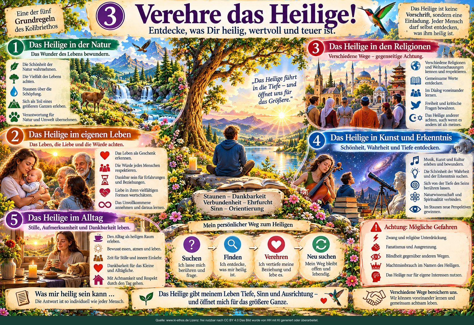 Ein Mensch sitzt unter einem alten Baum; Felder zeigen Heiliges in Natur, Leben, Religionen, Kunst, Erkenntnis und Alltag. Ein Mensch sitzt unter einem alten Baum; Felder zeigen Heiliges in Natur, Leben, Religionen, Kunst, Erkenntnis und Alltag.