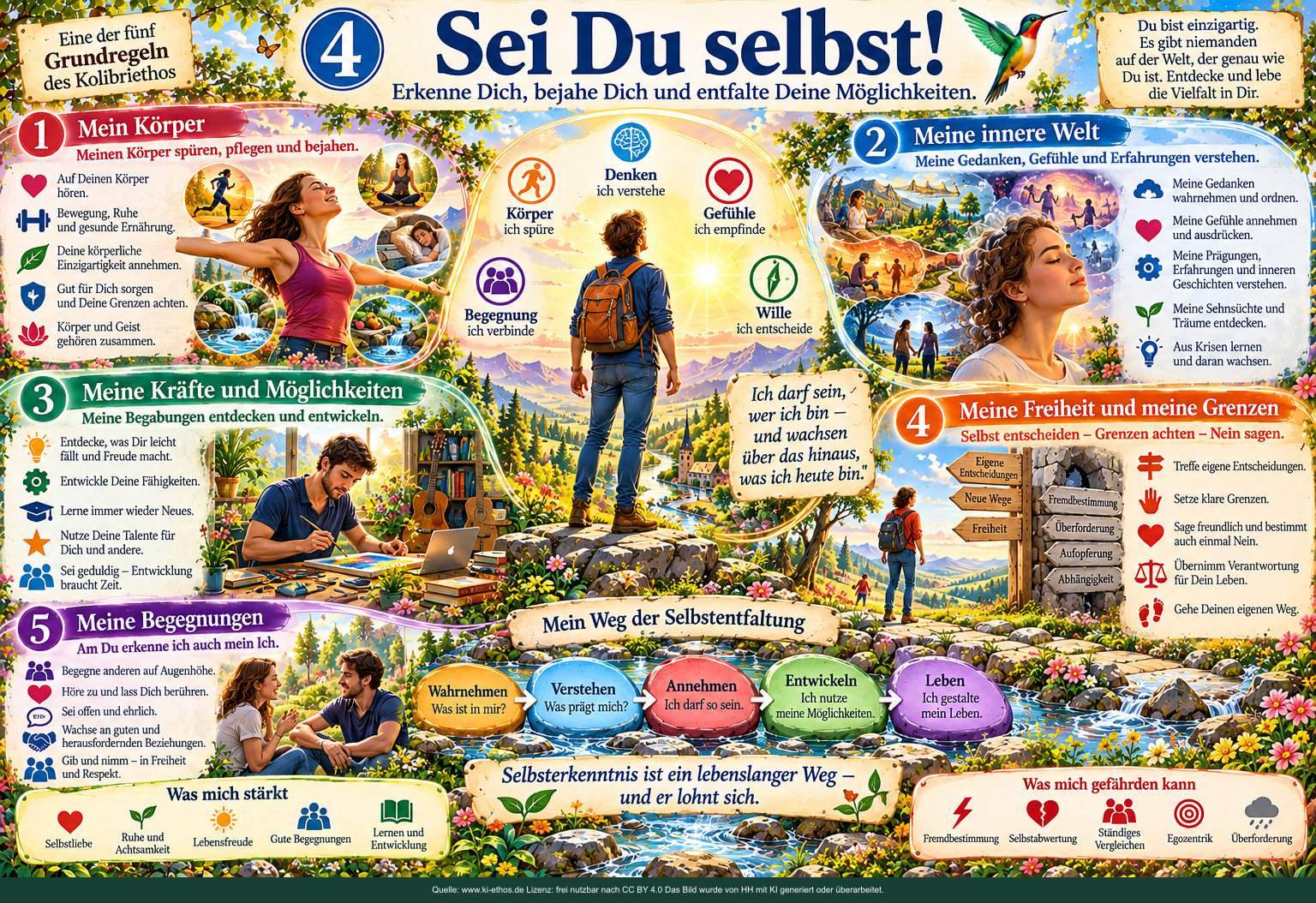 Ein Mensch blickt auf seine Lebenslandschaft; die Bilderläuterungen unterscheiden Körper, innere Welt, Fähigkeiten, Freiheit, Grenzen und Begegnungen. Ein Mensch blickt auf seine Lebenslandschaft; die Bilderläuterungen unterscheiden Körper, innere Welt, Fähigkeiten, Freiheit, Grenzen und Begegnungen.