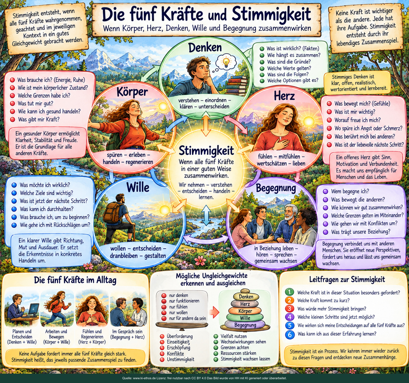 Die fünf Kräfte und Stimmigkeit. Körper, Herz, Denken, Wille und Begegnung wirken zusammen. Die fünf Kräfte und Stimmigkeit. Körper, Herz, Denken, Wille und Begegnung wirken zusammen.