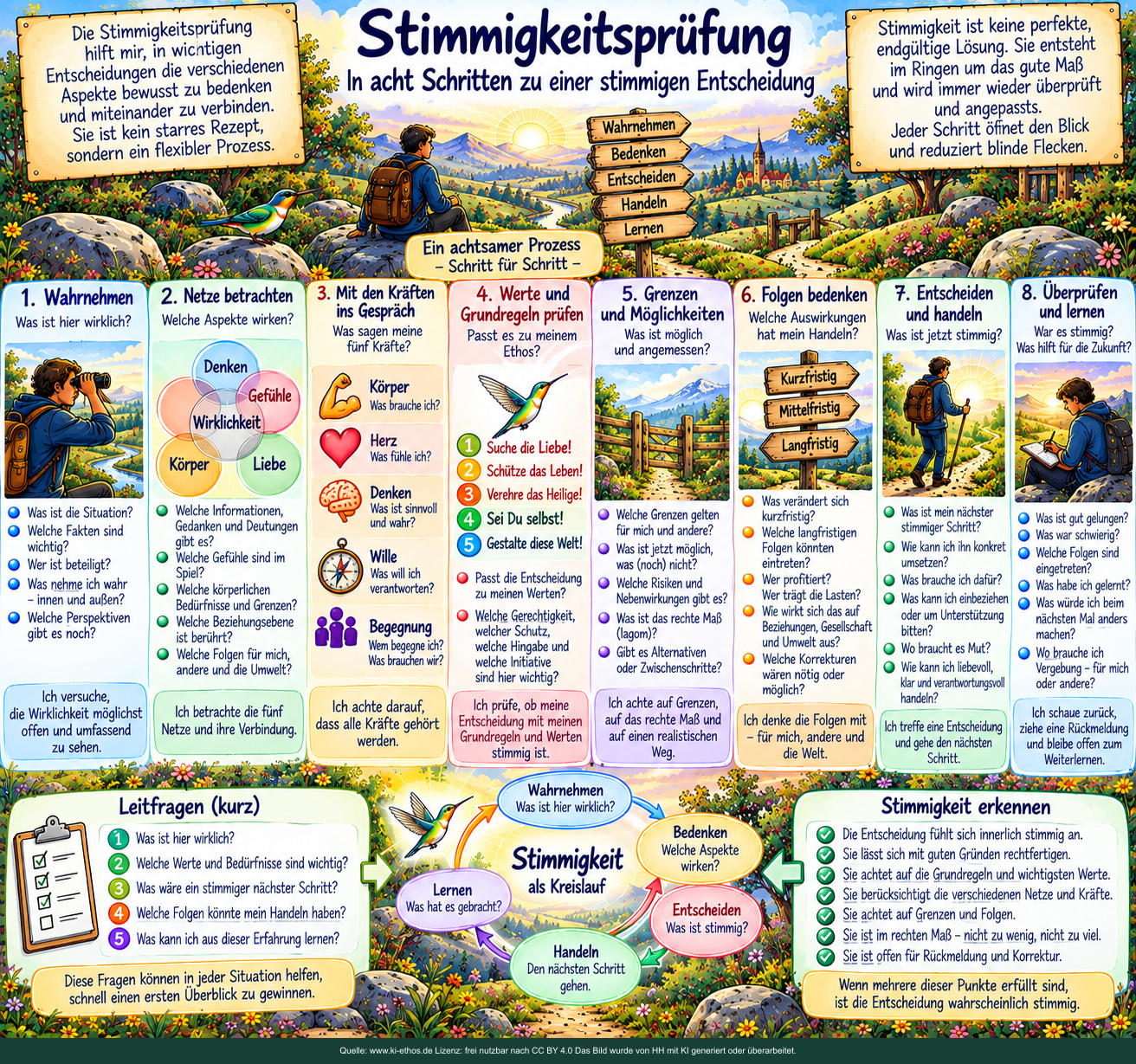 Stimmigkeitsprüfung – in acht Schritten zu einer Entscheidung. Wahrnehmen, vernetzen, Kräfte einbeziehen, Werte prüfen, begrenzen, Folgen bedenken, handeln und lernen. Stimmigkeitsprüfung – in acht Schritten zu einer Entscheidung. Wahrnehmen, vernetzen, Kräfte einbeziehen, Werte prüfen, begrenzen, Folgen bedenken, handeln und lernen.