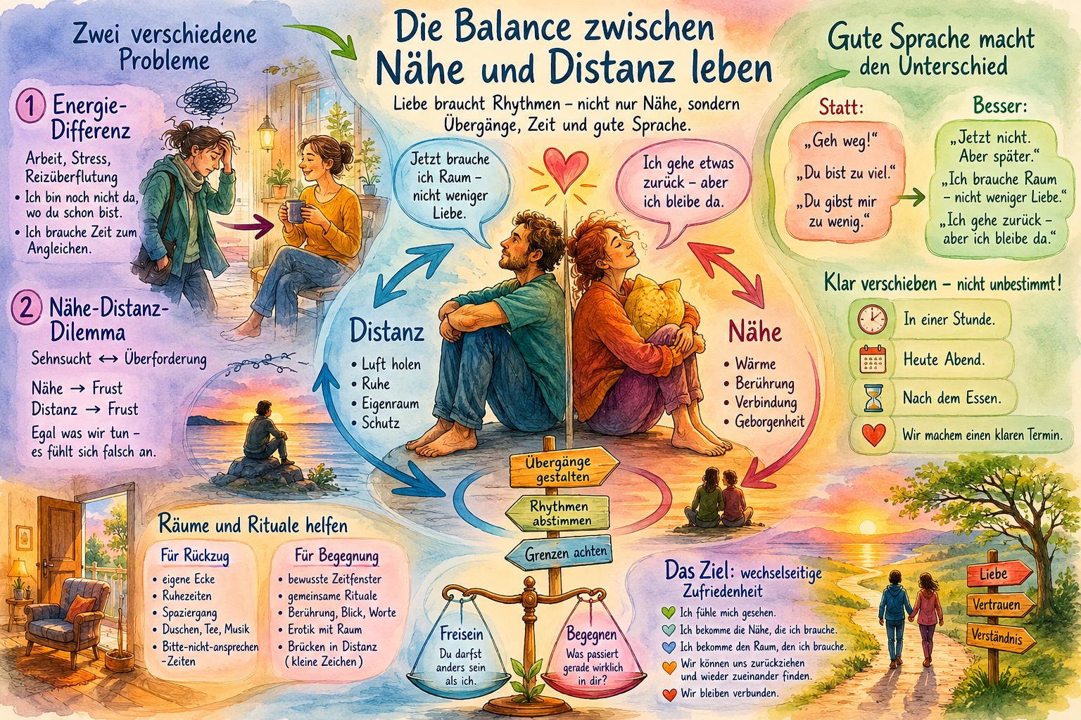 Infografik zu Energieunterschieden, Nähe-Distanz-Dilemmata, klarer Sprache, Rückzugsräumen und vereinbarten Wiederbegegnungen Infografik zu Energieunterschieden, Nähe-Distanz-Dilemmata, klarer Sprache, Rückzugsräumen und vereinbarten Wiederbegegnungen