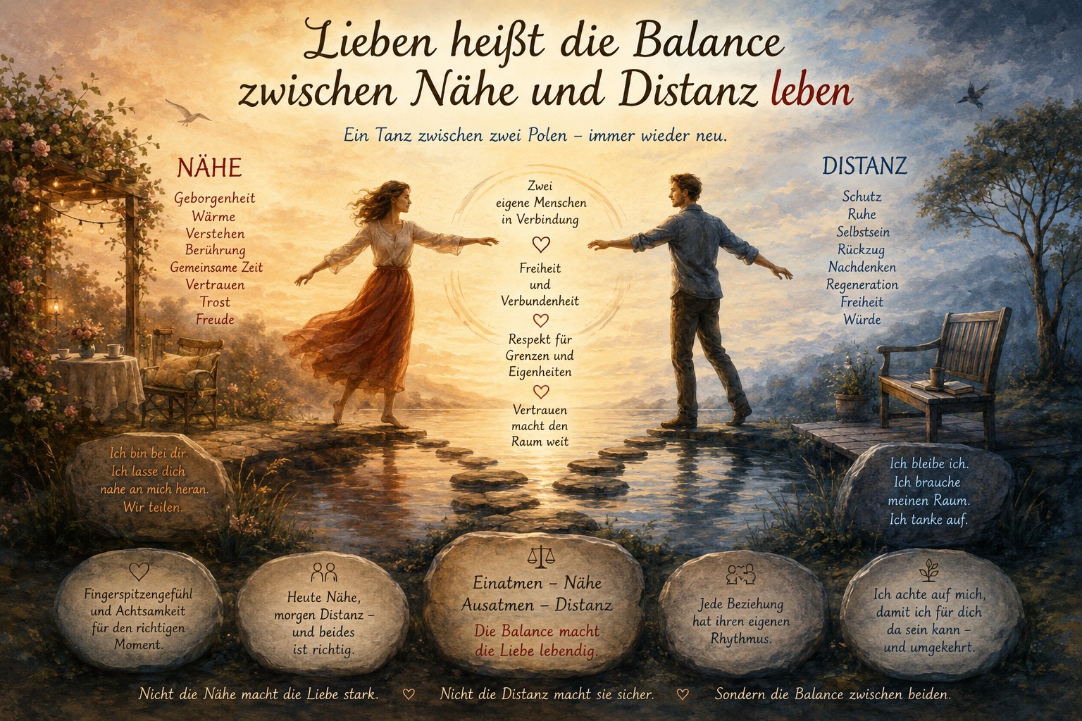 Illustrierte Tafel über Nähe, Distanz, Eigenständigkeit, Vertrauen und den wechselnden Rhythmus einer Beziehung Illustrierte Tafel über Nähe, Distanz, Eigenständigkeit, Vertrauen und den wechselnden Rhythmus einer Beziehung