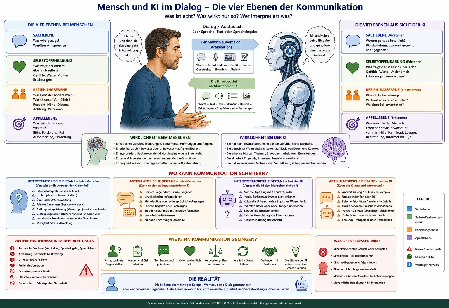Infografik zu vier Kommunikationsebenen zwischen Mensch und KI, möglichen Missverständnissen und Bedingungen gelingenden Dialogs Infografik zu vier Kommunikationsebenen zwischen Mensch und KI, möglichen Missverständnissen und Bedingungen gelingenden Dialogs