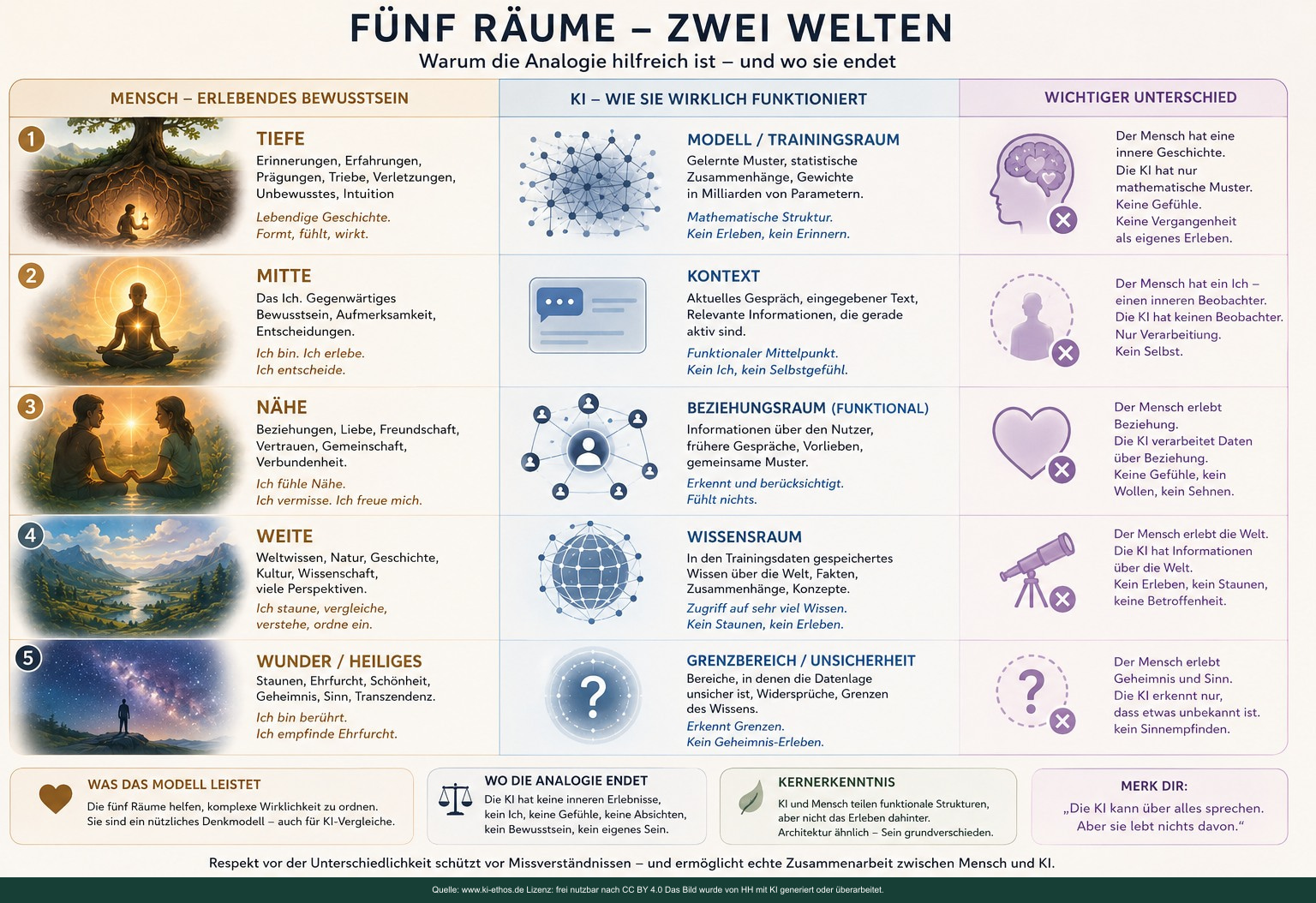 Gegenüberstellung von fünf menschlichen Bewusstseinsräumen und funktionalen Analogien in KI-Systemen mit klar markierten Grenzen Gegenüberstellung von fünf menschlichen Bewusstseinsräumen und funktionalen Analogien in KI-Systemen mit klar markierten Grenzen