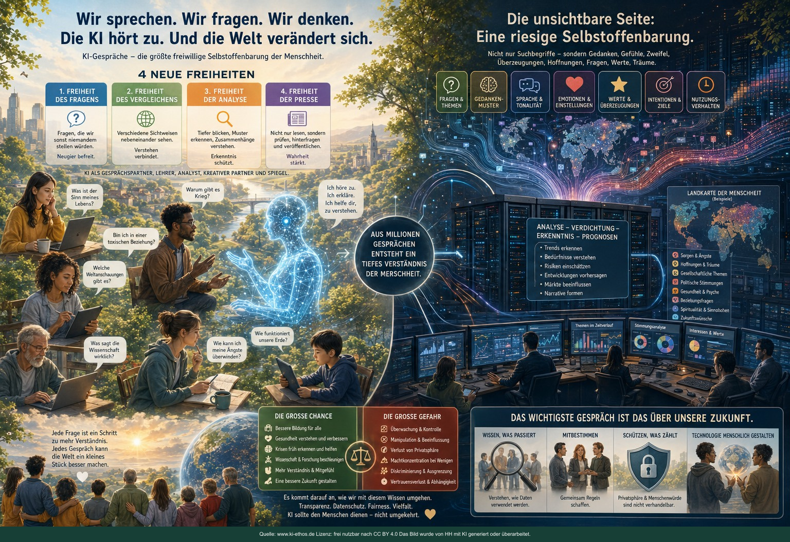 Infografik über KI-Gespräche als weltweite Selbstoffenbarung der Menschheit und über Chancen, Überwachung und Machtkonzentration Infografik über KI-Gespräche als weltweite Selbstoffenbarung der Menschheit und über Chancen, Überwachung und Machtkonzentration