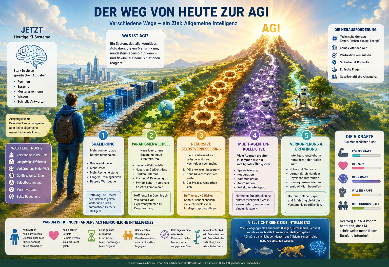 Bildtafel über mögliche Entwicklungspfade von heutigen KI-Systemen zu AGI und die technischen, gesellschaftlichen und ethischen Herausforderungen Bildtafel über mögliche Entwicklungspfade von heutigen KI-Systemen zu AGI und die technischen, gesellschaftlichen und ethischen Herausforderungen