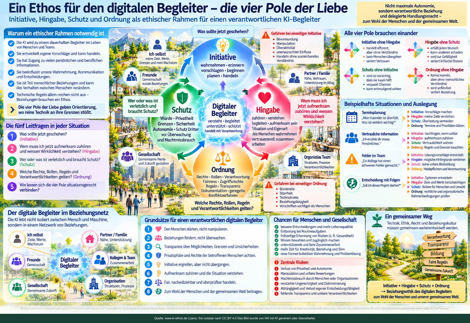 Infografik über Initiative, Hingabe, Schutz und Ordnung als vier miteinander verbundene Pole eines Ethos für den digitalen Begleiter Infografik über Initiative, Hingabe, Schutz und Ordnung als vier miteinander verbundene Pole eines Ethos für den digitalen Begleiter