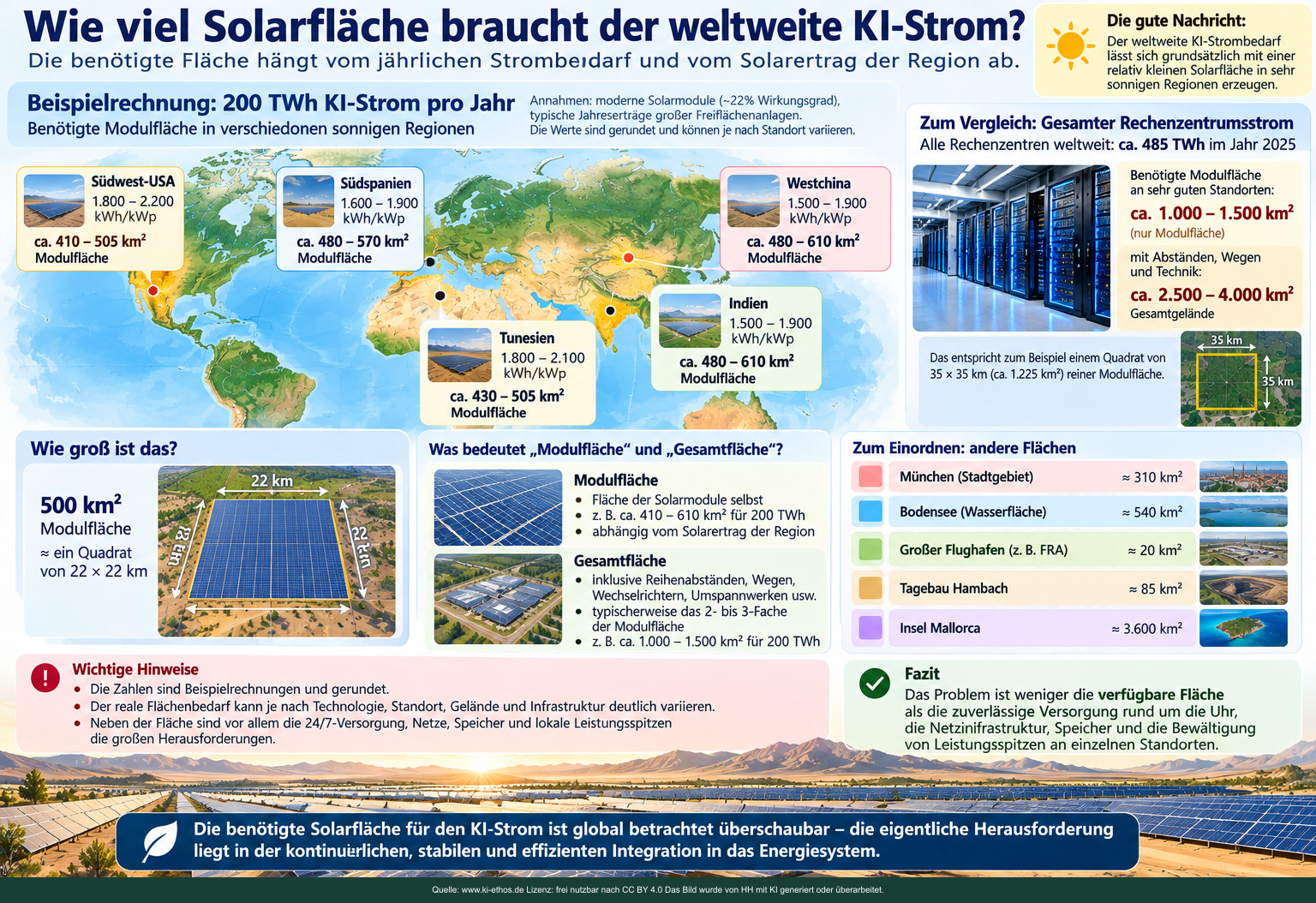 Szenario mit 200 TWh Jahresenergie, 220 Wp je Quadratmeter und angenommenen Solarerträgen; Modulfläche und Gesamtgelände werden unterschieden. Szenario mit 200 TWh Jahresenergie, 220 Wp je Quadratmeter und angenommenen Solarerträgen; Modulfläche und Gesamtgelände werden unterschieden.
