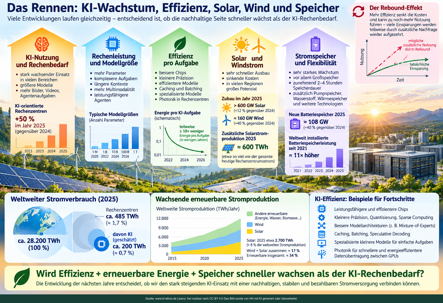 KI-Rechenbedarf, Effizienz, Solar- und Windkraft sowie Speicher wachsen gleichzeitig; Rebound kann Einsparungen aufzehren. KI-Rechenbedarf, Effizienz, Solar- und Windkraft sowie Speicher wachsen gleichzeitig; Rebound kann Einsparungen aufzehren.