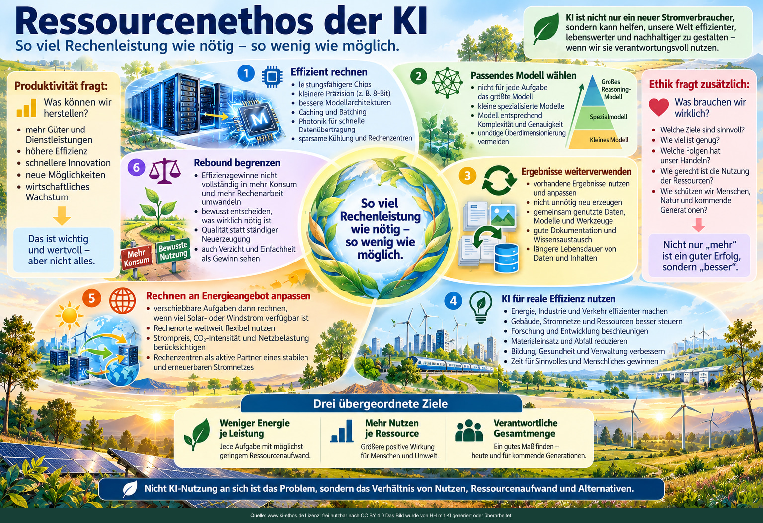 Sechs Handlungsfelder: effizient rechnen, passendes Modell wählen, Ergebnisse wiederverwenden, reale Einsparungen erzielen, Energieangebot berücksichtigen und Rebound begrenzen. Sechs Handlungsfelder: effizient rechnen, passendes Modell wählen, Ergebnisse wiederverwenden, reale Einsparungen erzielen, Energieangebot berücksichtigen und Rebound begrenzen.