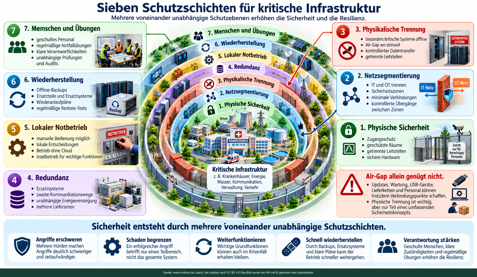 Physischer Schutz, Segmentierung, physische Trennung, Redundanz, Notbetrieb, Wiederherstellung und Übungen als ergänzende Schutzschichten. Physischer Schutz, Segmentierung, physische Trennung, Redundanz, Notbetrieb, Wiederherstellung und Übungen als ergänzende Schutzschichten.