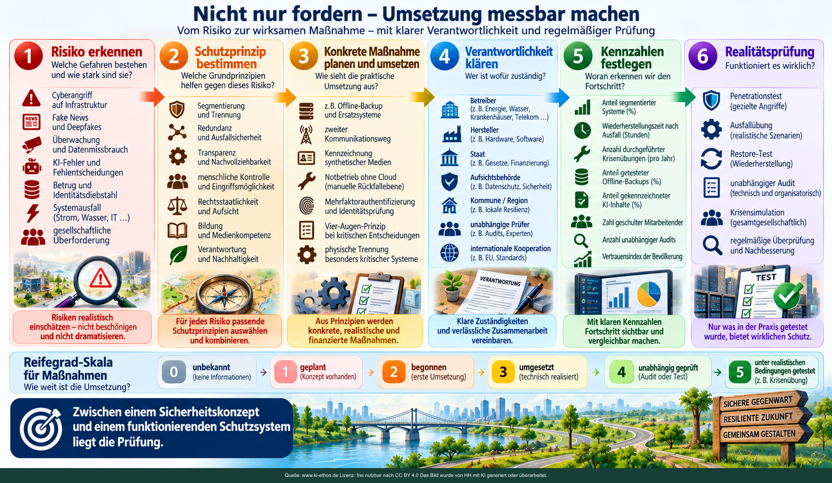 Sechs Schritte vom Risiko bis zum Test und vorgeschlagene Reifegradskala von unbekannt bis realistisch erprobt; kein offizieller Standard. Sechs Schritte vom Risiko bis zum Test und vorgeschlagene Reifegradskala von unbekannt bis realistisch erprobt; kein offizieller Standard.