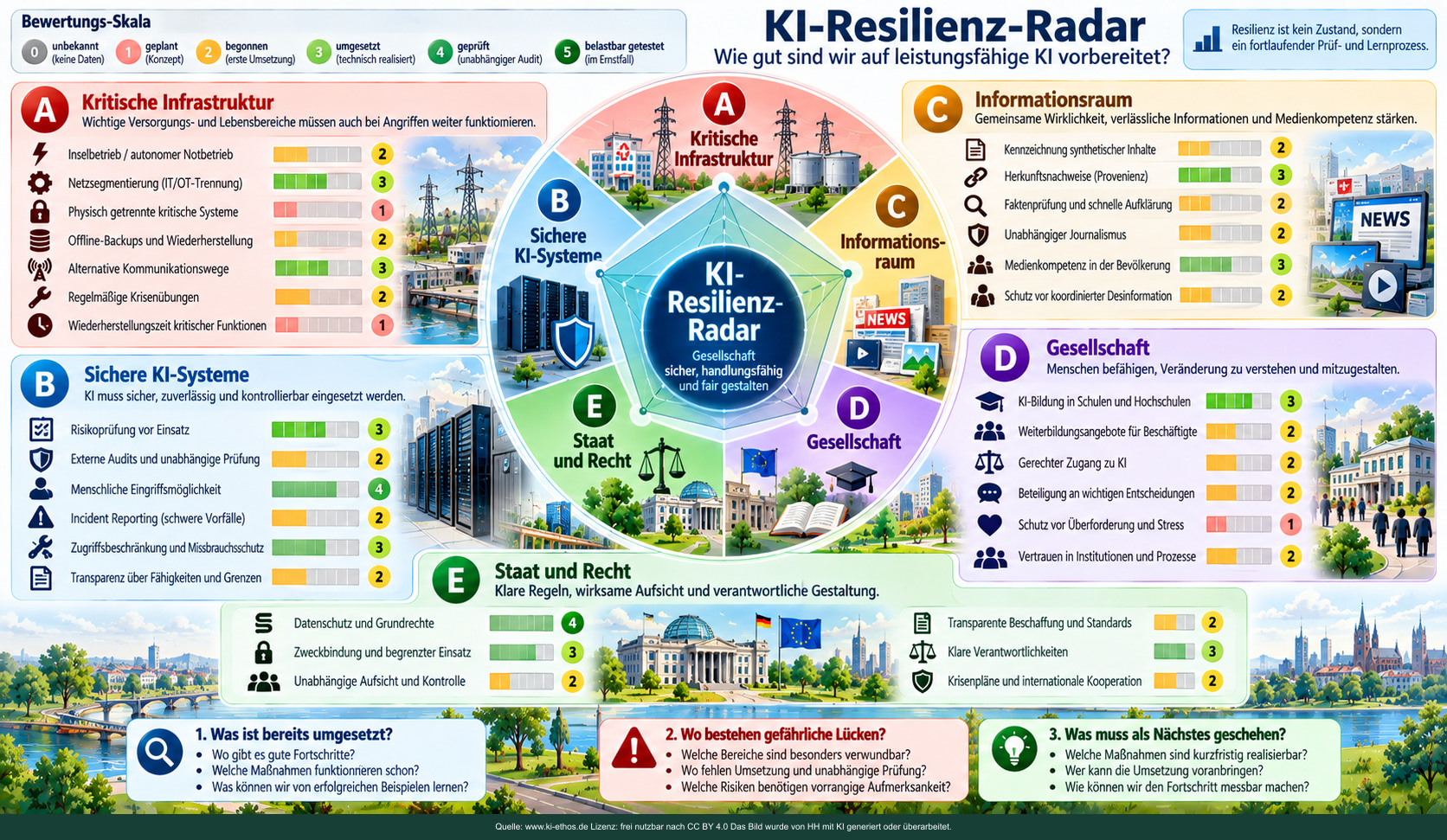 Dashboard-Entwurf für fünf Resilienzbereiche mit rein illustrativen Punktwerten; keine tatsächliche Bewertung Deutschlands oder der EU. Dashboard-Entwurf für fünf Resilienzbereiche mit rein illustrativen Punktwerten; keine tatsächliche Bewertung Deutschlands oder der EU.