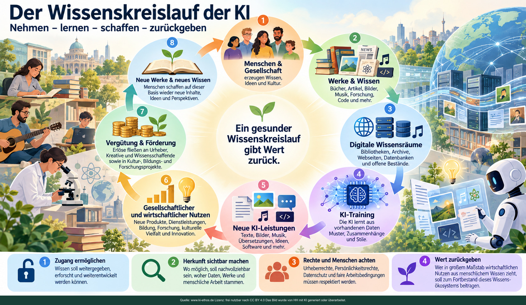 Kreislauf von menschlichem Wissen über KI-Training und neue Leistungen zu Vergütung, Förderung und neuen Werken. Kreislauf von menschlichem Wissen über KI-Training und neue Leistungen zu Vergütung, Förderung und neuen Werken.