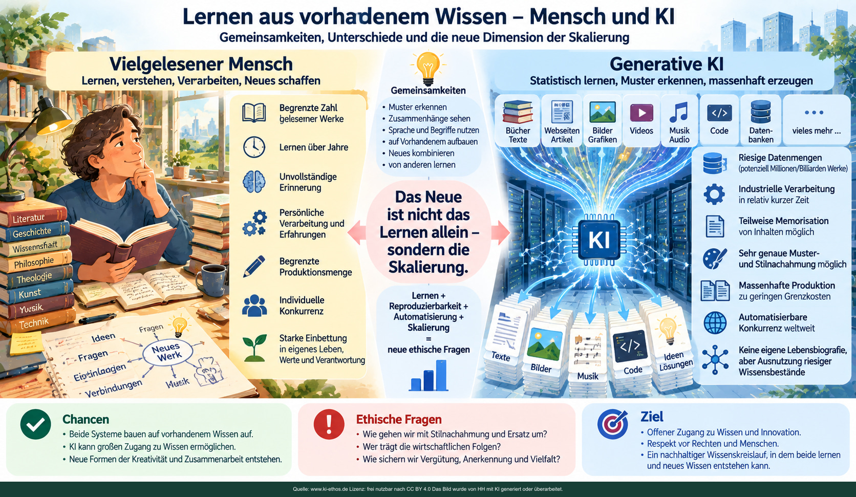 Ein lesender Mensch neben einem schematischen KI-System: Lernen, Verarbeitung, Produktion und Skalierung im Vergleich. Ein lesender Mensch neben einem schematischen KI-System: Lernen, Verarbeitung, Produktion und Skalierung im Vergleich.