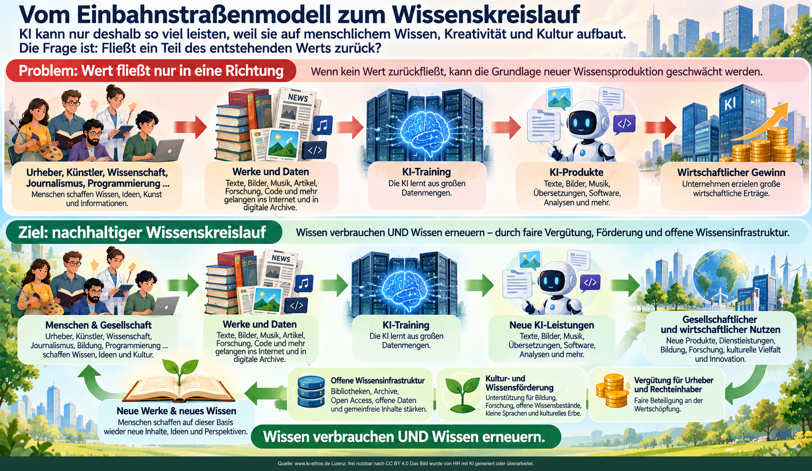 Zwei schematische Wertflüsse: einseitige Entnahme und Rückgabe durch Vergütung, Förderung und offene Wissensinfrastruktur. Zwei schematische Wertflüsse: einseitige Entnahme und Rückgabe durch Vergütung, Förderung und offene Wissensinfrastruktur.