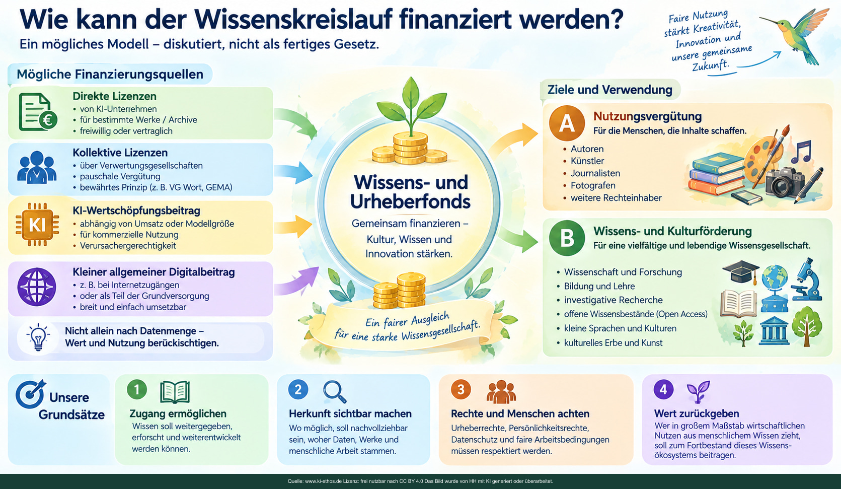 Diskussionsmodell mit direkten und kollektiven Lizenzen, KI-Beitrag und Digitalbeitrag sowie zwei Verwendungszwecken. Diskussionsmodell mit direkten und kollektiven Lizenzen, KI-Beitrag und Digitalbeitrag sowie zwei Verwendungszwecken.