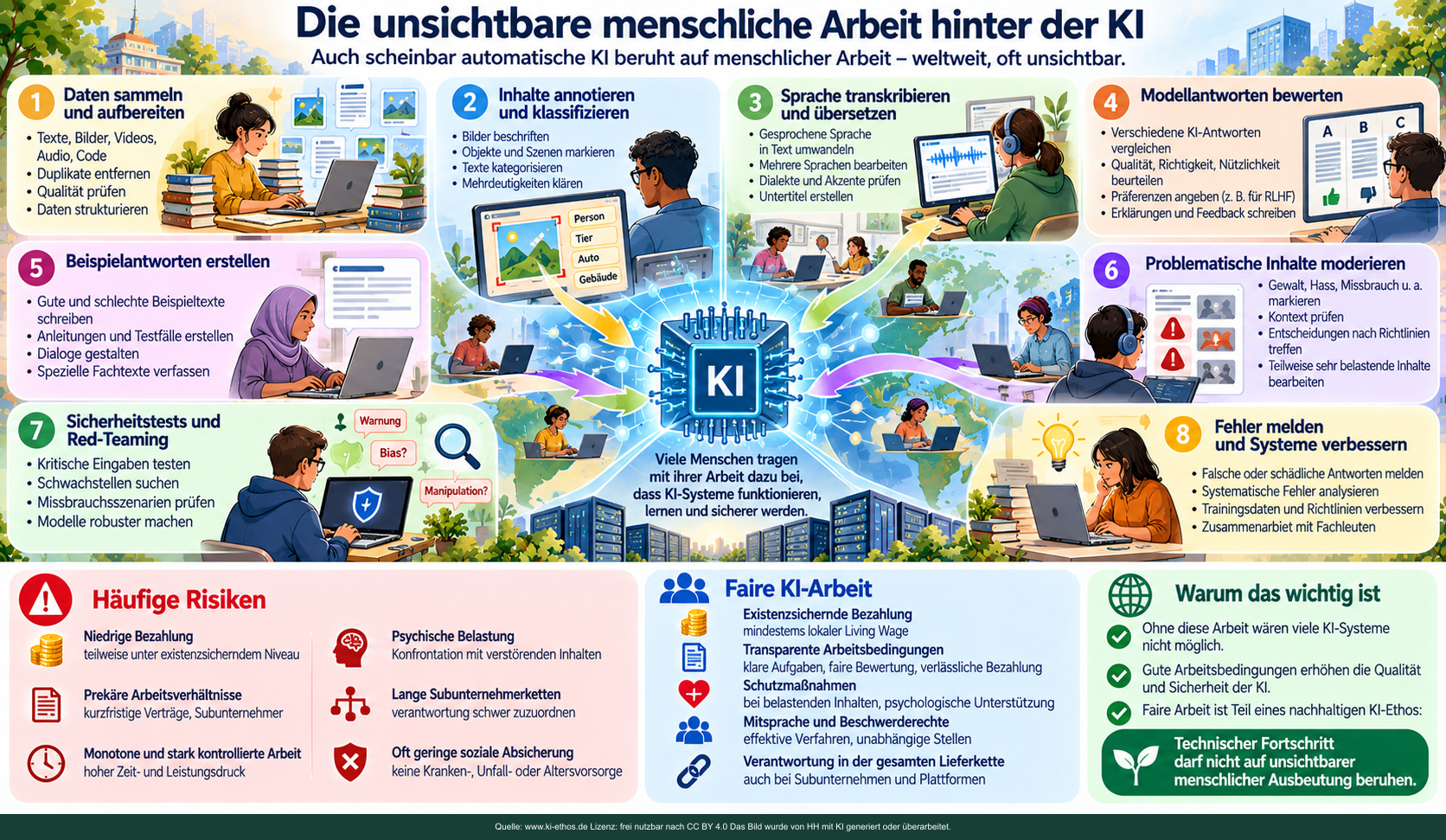 Weltweit dargestellte Menschen bei Datensammlung, Annotation, Transkription, Bewertung, Sicherheitstests und Moderation; daneben Arbeitsrisiken und Schutzmaßnahmen. Weltweit dargestellte Menschen bei Datensammlung, Annotation, Transkription, Bewertung, Sicherheitstests und Moderation; daneben Arbeitsrisiken und Schutzmaßnahmen.