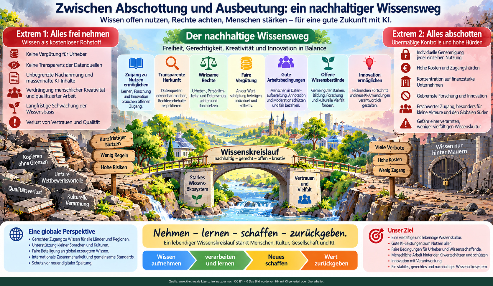 Brücke zwischen Abschottung und Ausbeutung mit Zugang, Herkunft, Rechten, Vergütung, fairer Arbeit, offenem Wissen und Innovation. Brücke zwischen Abschottung und Ausbeutung mit Zugang, Herkunft, Rechten, Vergütung, fairer Arbeit, offenem Wissen und Innovation.