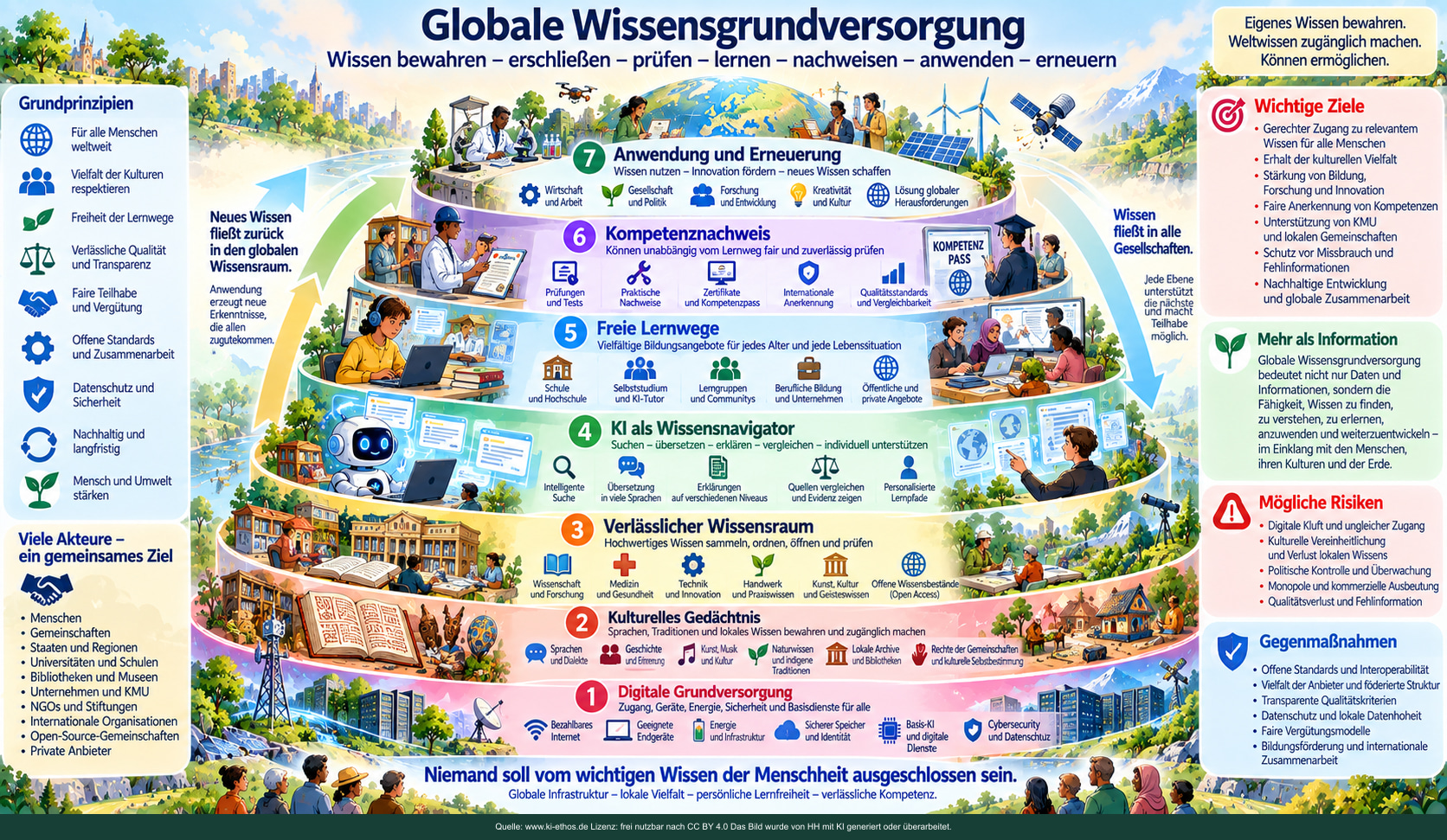 Sieben Schichten verbinden digitale Basis, kulturelles Gedächtnis, geprüftes Wissen, KI-Navigation, Lernwege, Kompetenznachweise und Wissensproduktion. Sieben Schichten verbinden digitale Basis, kulturelles Gedächtnis, geprüftes Wissen, KI-Navigation, Lernwege, Kompetenznachweise und Wissensproduktion.