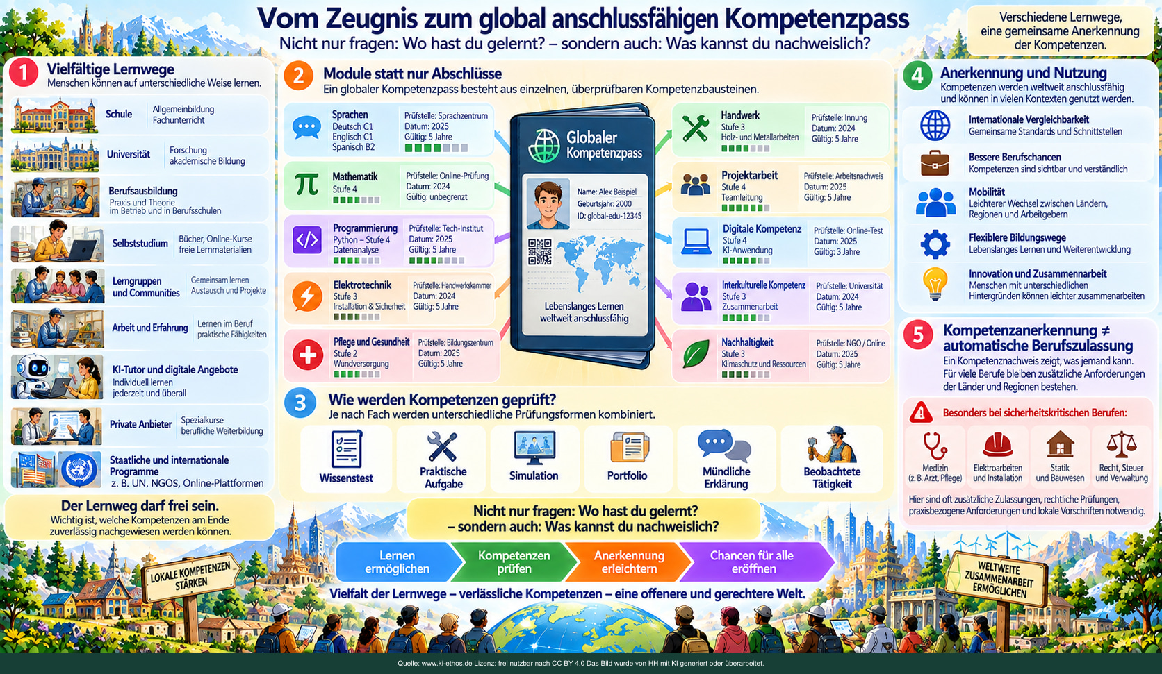 Ein erfundener modularer Kompetenzpass verbindet Prüfstellen, Datum und Kompetenzmodule; Berufszulassung wird getrennt betrachtet. Ein erfundener modularer Kompetenzpass verbindet Prüfstellen, Datum und Kompetenzmodule; Berufszulassung wird getrennt betrachtet.