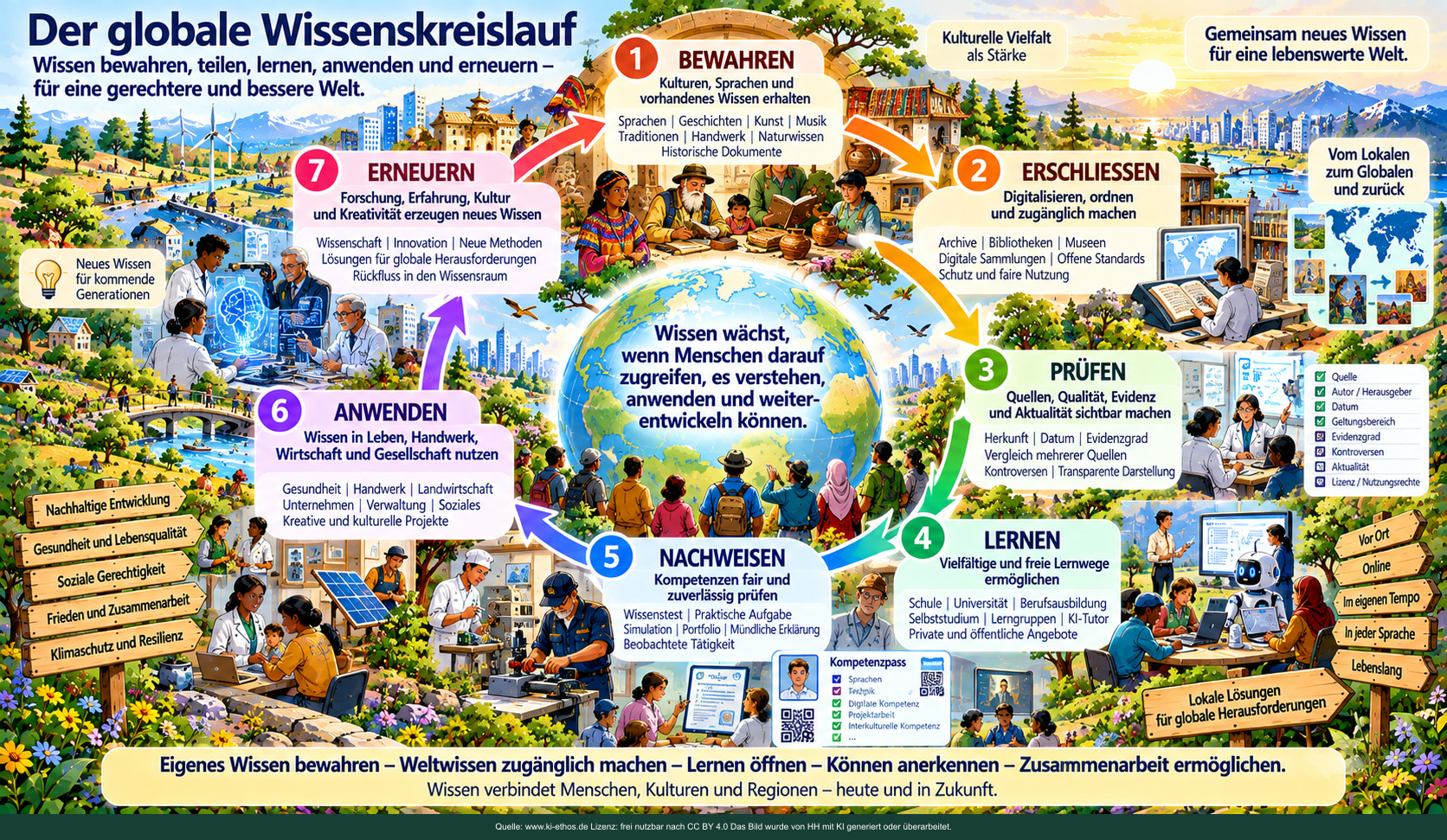 Sieben Schritte bilden einen Kreislauf: bewahren, erschließen, prüfen, lernen, nachweisen, anwenden und erneuern. Sieben Schritte bilden einen Kreislauf: bewahren, erschließen, prüfen, lernen, nachweisen, anwenden und erneuern.