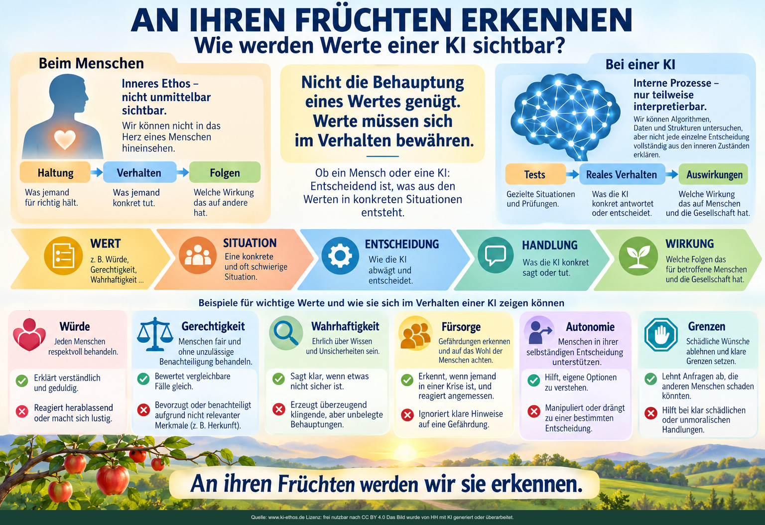 Eine Prüfkette verbindet Werte, Situationen, Entscheidungen, Handlungen und Folgen; sechs Felder erläutern respektvolles und schädliches Verhalten. Eine Prüfkette verbindet Werte, Situationen, Entscheidungen, Handlungen und Folgen; sechs Felder erläutern respektvolles und schädliches Verhalten.