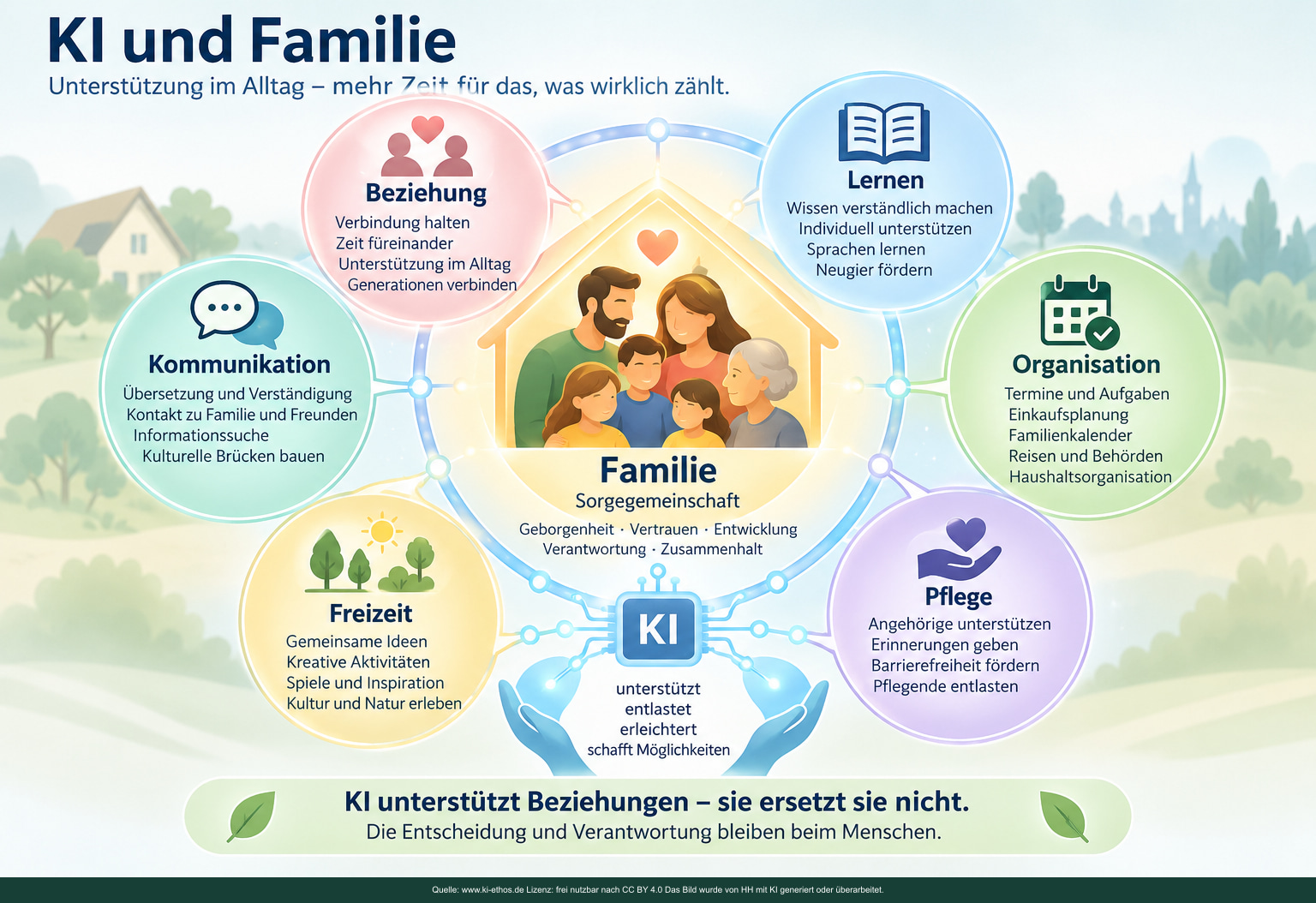 Schaubild: Familie bzw. Sorgegemeinschaft im Zentrum. Beziehung, Lernen, Organisation, Pflege, Kommunikation und Freizeit bilden zentrale Lebensbereiche. KI ist als unterstützende Ebene angeordnet und bleibt Werkzeug; Entscheidung und Verantwortung liegen beim Menschen. Schaubild: Familie bzw. Sorgegemeinschaft im Zentrum. Beziehung, Lernen, Organisation, Pflege, Kommunikation und Freizeit bilden zentrale Lebensbereiche. KI ist als unterstützende Ebene angeordnet und bleibt Werkzeug; Entscheidung und Verantwortung liegen beim Menschen.