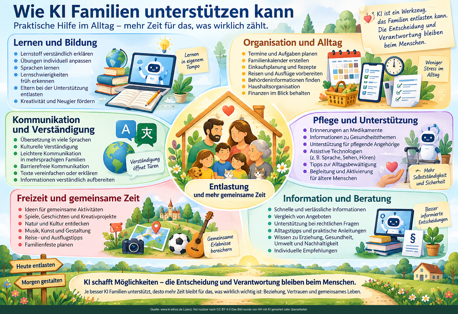 Schaubild: sammelt konkrete Unterstützungsfelder: Lernen und Bildung, Organisation, Kommunikation, Pflege, Freizeit sowie Information und Beratung. Der Schwerpunkt liegt auf Entlastung und dem Gewinn gemeinsamer Zeit. Schaubild: sammelt konkrete Unterstützungsfelder: Lernen und Bildung, Organisation, Kommunikation, Pflege, Freizeit sowie Information und Beratung. Der Schwerpunkt liegt auf Entlastung und dem Gewinn gemeinsamer Zeit.
