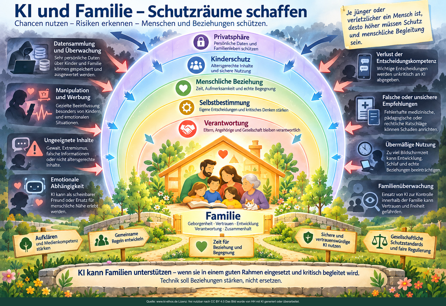 Familie wird als geschützter Lebensraum dargestellt. Von außen wirken Risiken wie Überwachung, Manipulation, ungeeignete Inhalte, emotionale Abhängigkeit, schlechte Empfehlungen oder übermäßige Nutzung. Schutzringe markieren ethische Gegenprinzipien. Familie wird als geschützter Lebensraum dargestellt. Von außen wirken Risiken wie Überwachung, Manipulation, ungeeignete Inhalte, emotionale Abhängigkeit, schlechte Empfehlungen oder übermäßige Nutzung. Schutzringe markieren ethische Gegenprinzipien.
