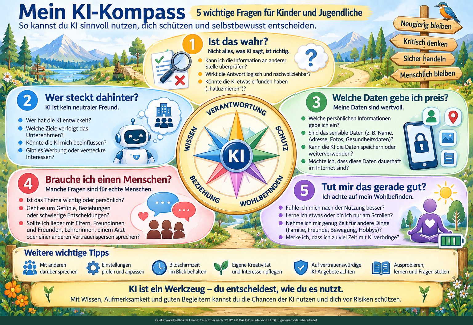 Der KI-Kompass fördert kritisches Denken und Selbstschutz: Ist das wahr? Wer steckt dahinter? Welche Daten gebe ich preis? Brauche ich einen Menschen? Tut mir das gerade gut? Der KI-Kompass fördert kritisches Denken und Selbstschutz: Ist das wahr? Wer steckt dahinter? Welche Daten gebe ich preis? Brauche ich einen Menschen? Tut mir das gerade gut?