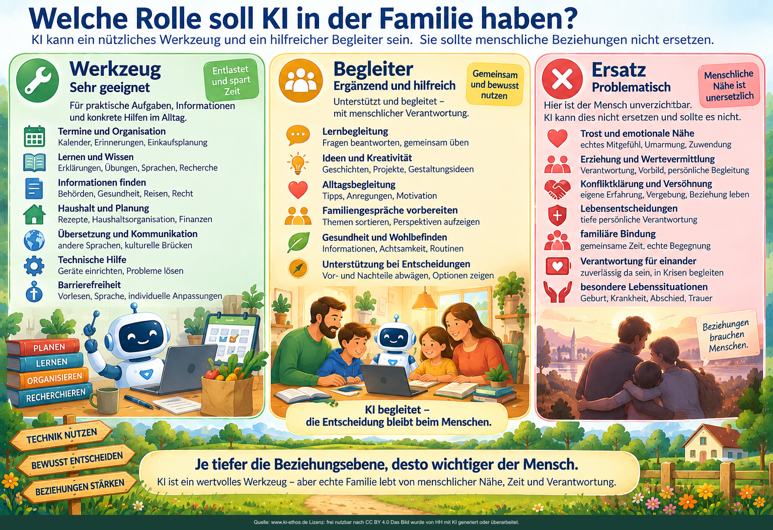 Das Bild unterscheidet drei Rollen. Als Werkzeug eignet sich KI für Organisation und Information. Als Begleiter kann sie Lernen oder Entscheidungen unterstützen. Als Ersatz für Trost, Bindung, Erziehung, Versöhnung und Verantwortung ist sie problematisch. Das Bild unterscheidet drei Rollen. Als Werkzeug eignet sich KI für Organisation und Information. Als Begleiter kann sie Lernen oder Entscheidungen unterstützen. Als Ersatz für Trost, Bindung, Erziehung, Versöhnung und Verantwortung ist sie problematisch.
