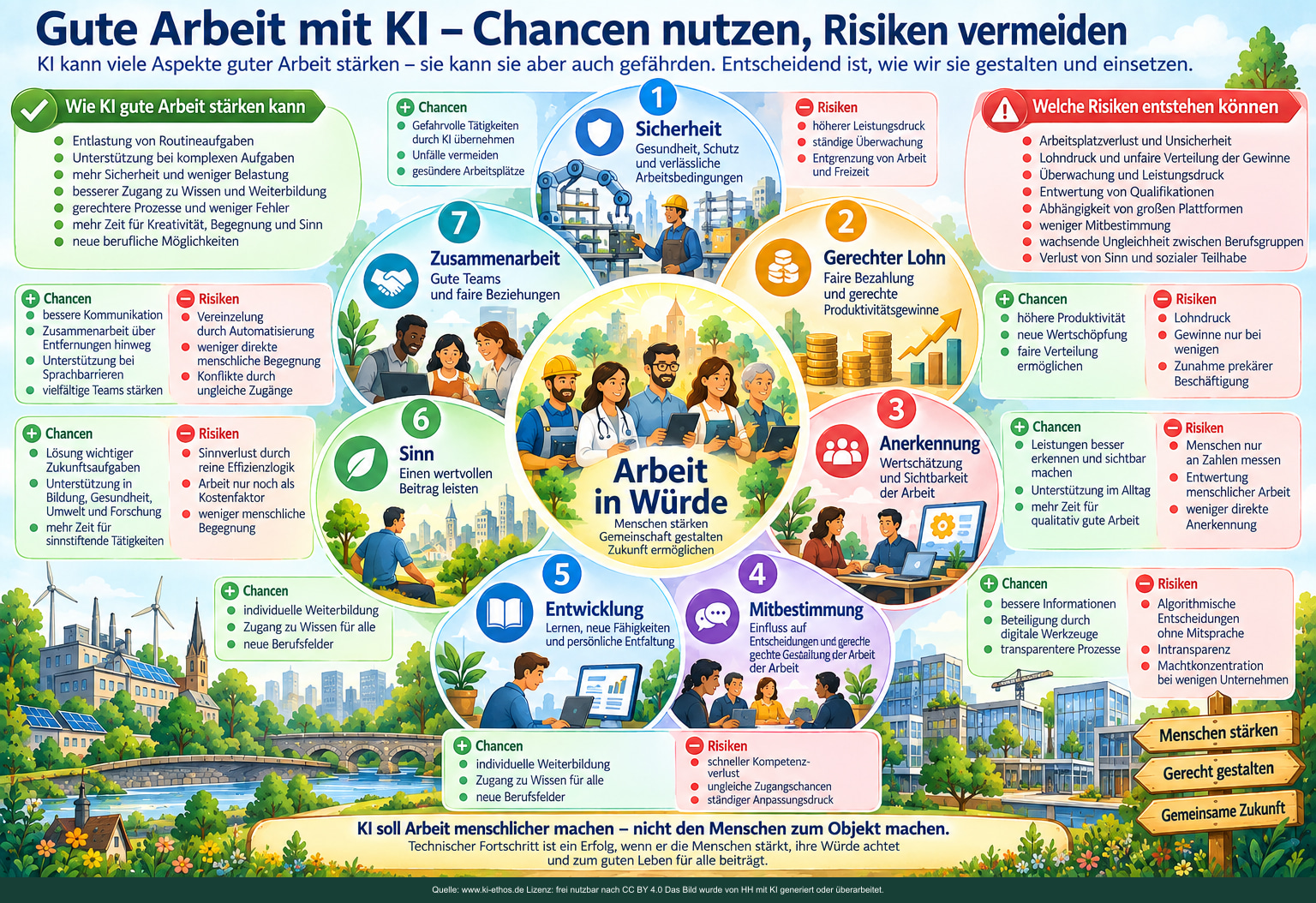 Das Grundmodell stellt Arbeit in Würde ins Zentrum und zeigt sieben Dimensionen guter Arbeit. Zu jeder Dimension können KI-Anwendungen Chancen eröffnen oder Risiken erzeugen. Das Grundmodell stellt Arbeit in Würde ins Zentrum und zeigt sieben Dimensionen guter Arbeit. Zu jeder Dimension können KI-Anwendungen Chancen eröffnen oder Risiken erzeugen.