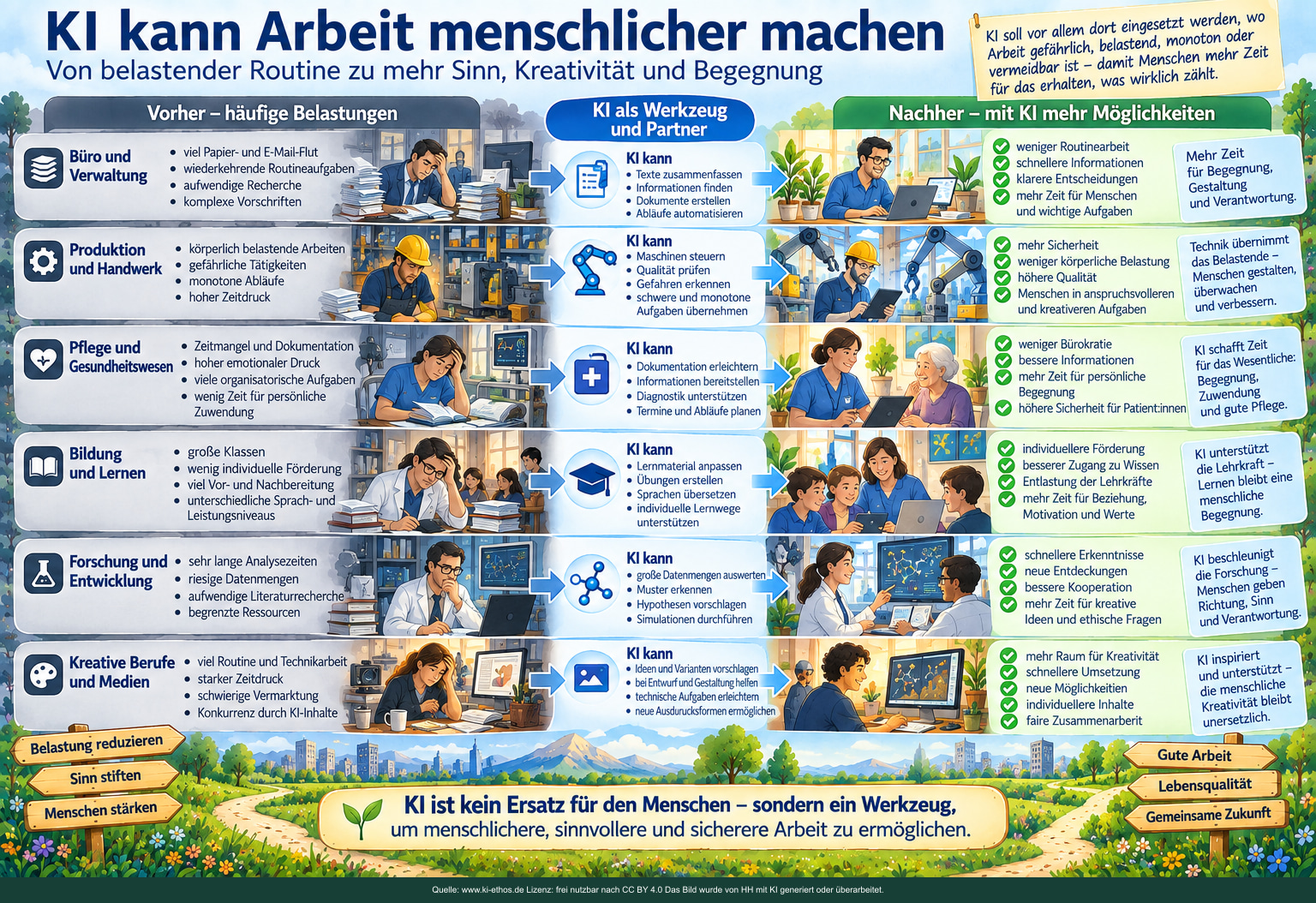 An Beispielen aus Büro, Produktion, Pflege, Bildung, Forschung und kreativen Berufen zeigt die Grafik, wie KI belastende Routinen reduzieren und Zeit für anspruchsvollere menschliche Aufgaben schaffen kann. An Beispielen aus Büro, Produktion, Pflege, Bildung, Forschung und kreativen Berufen zeigt die Grafik, wie KI belastende Routinen reduzieren und Zeit für anspruchsvollere menschliche Aufgaben schaffen kann.