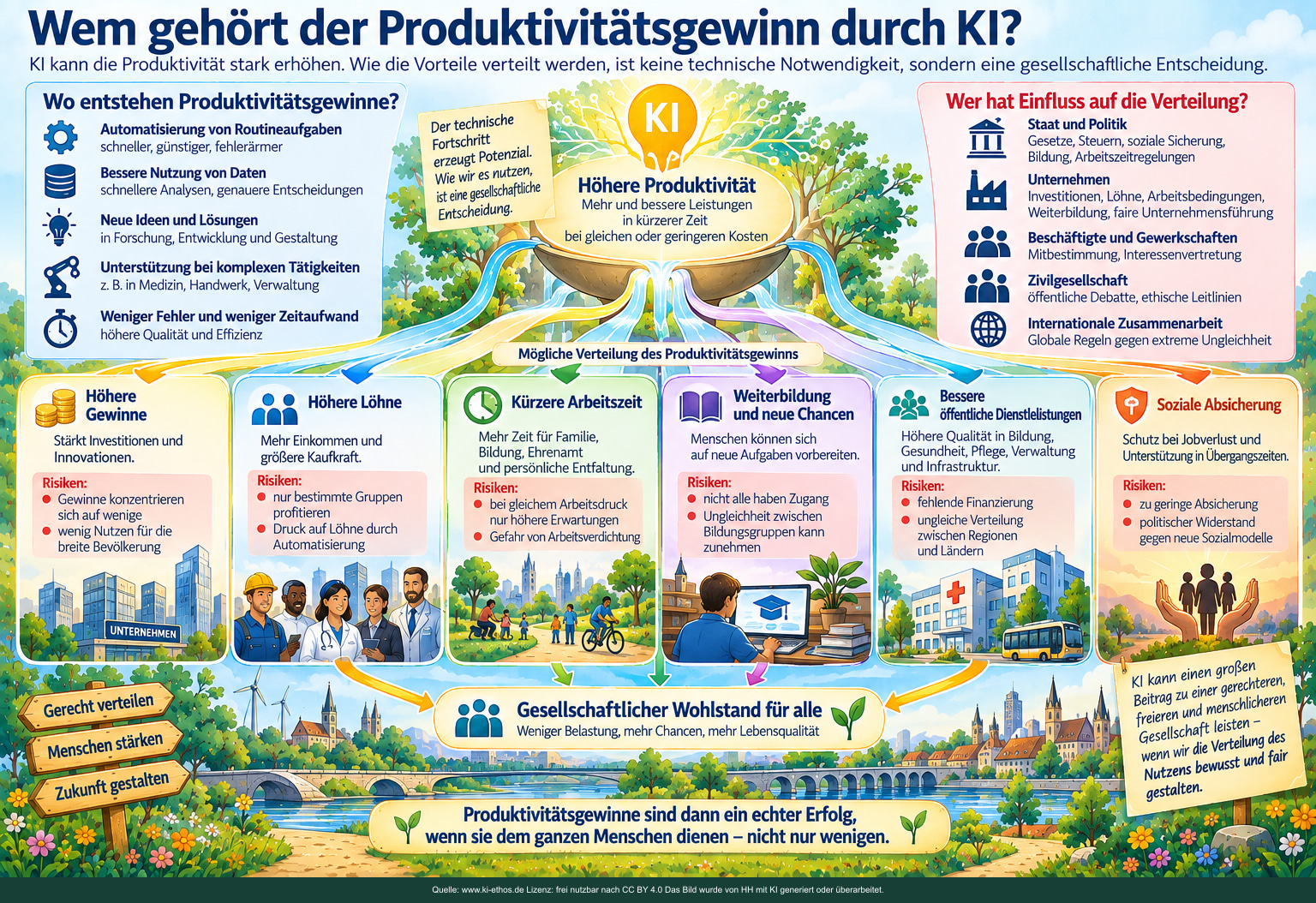 Schaubild: mögliche Verwendungen höherer Produktivität: Gewinne, Löhne, kürzere Arbeitszeit, Weiterbildung, öffentliche Dienste und soziale Absicherung. Es macht sichtbar, dass Verteilung nicht technisch vorgegeben ist. Schaubild: mögliche Verwendungen höherer Produktivität: Gewinne, Löhne, kürzere Arbeitszeit, Weiterbildung, öffentliche Dienste und soziale Absicherung. Es macht sichtbar, dass Verteilung nicht technisch vorgegeben ist.