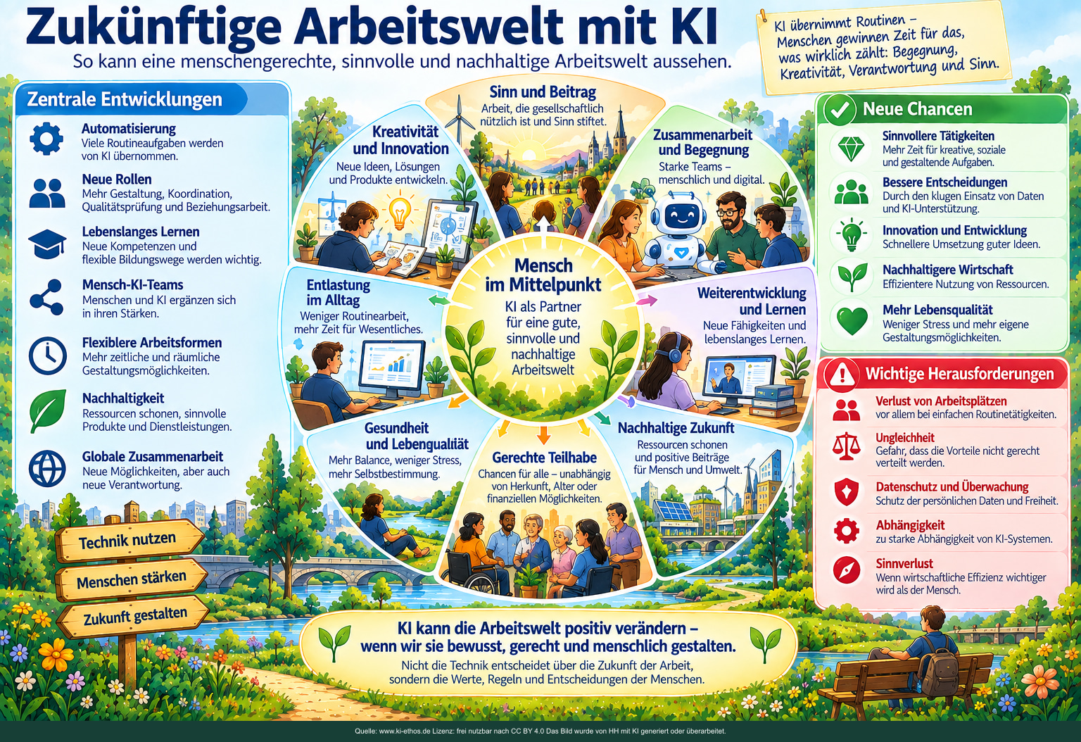 Schaubild: bündelt Entwicklungen wie Automatisierung, neue Rollen, lebenslanges Lernen, Mensch-KI-Teams, flexible Arbeit und Nachhaltigkeit. Chancen und Herausforderungen werden ausdrücklich nebeneinander gestellt. Schaubild: bündelt Entwicklungen wie Automatisierung, neue Rollen, lebenslanges Lernen, Mensch-KI-Teams, flexible Arbeit und Nachhaltigkeit. Chancen und Herausforderungen werden ausdrücklich nebeneinander gestellt.