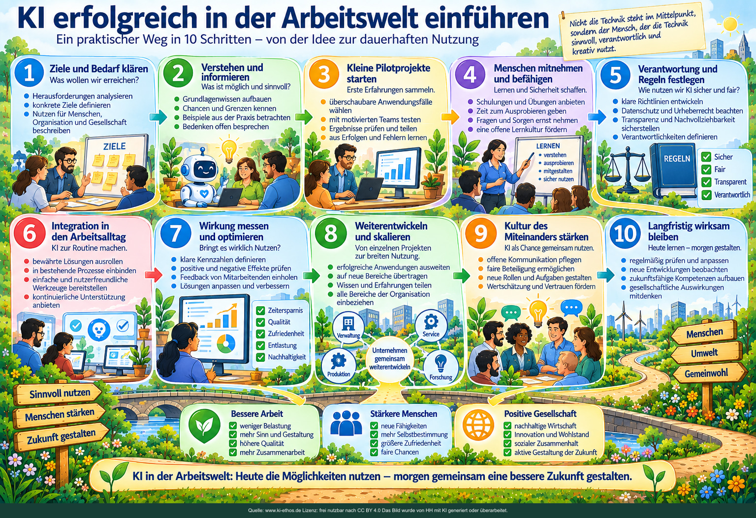 Zehn Schritte strukturieren die Einführung: Bedarf, Information, Pilotprojekte, Befähigung, Regeln, Integration, Wirkungsmessung, Skalierung, Kultur und langfristige Anpassung. Zehn Schritte strukturieren die Einführung: Bedarf, Information, Pilotprojekte, Befähigung, Regeln, Integration, Wirkungsmessung, Skalierung, Kultur und langfristige Anpassung.