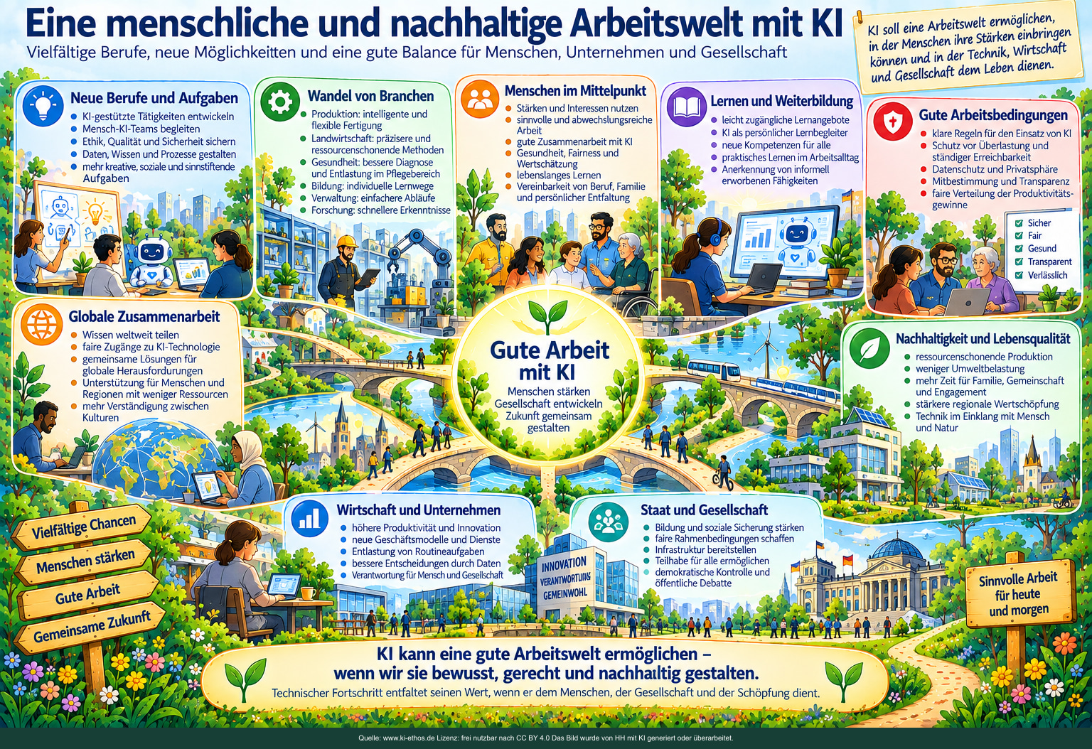 Das Bild verbindet neue Aufgaben, Branchenwandel, Weiterbildung, gute Arbeitsbedingungen, Nachhaltigkeit, globale Zusammenarbeit, Unternehmen sowie Staat und Gesellschaft zu einem Gesamtbild guter Arbeit mit KI. Das Bild verbindet neue Aufgaben, Branchenwandel, Weiterbildung, gute Arbeitsbedingungen, Nachhaltigkeit, globale Zusammenarbeit, Unternehmen sowie Staat und Gesellschaft zu einem Gesamtbild guter Arbeit mit KI.