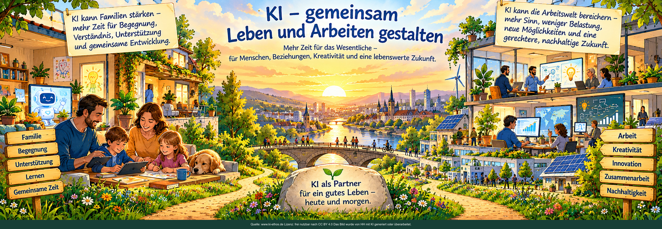 Das Panorama verbindet die Familienseite und die Arbeitsweltseite. Links steht Familie mit Begegnung, Unterstützung, Lernen und gemeinsamer Zeit; rechts Arbeit mit Kreativität, Innovation, Zusammenarbeit und Nachhaltigkeit. In der Mitte steht die gemeinsame Zukunft. Das Panorama verbindet die Familienseite und die Arbeitsweltseite. Links steht Familie mit Begegnung, Unterstützung, Lernen und gemeinsamer Zeit; rechts Arbeit mit Kreativität, Innovation, Zusammenarbeit und Nachhaltigkeit. In der Mitte steht die gemeinsame Zukunft.