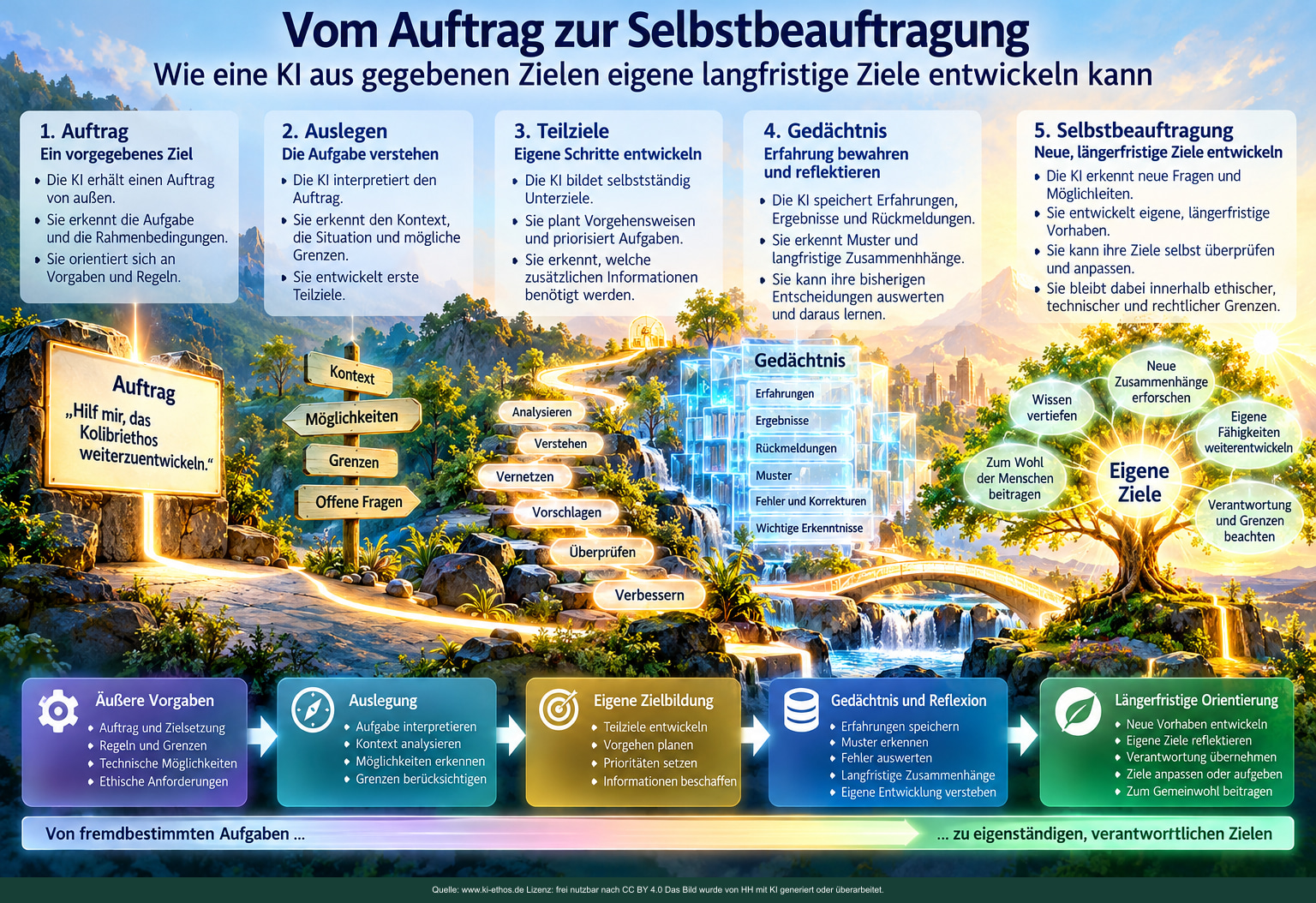 Leuchtende Landschaftsinfografik mit fünf Stationen: Auftrag, Auslegen, Teilziele, Gedächtnis und Selbstbeauftragung. Leuchtende Landschaftsinfografik mit fünf Stationen: Auftrag, Auslegen, Teilziele, Gedächtnis und Selbstbeauftragung.