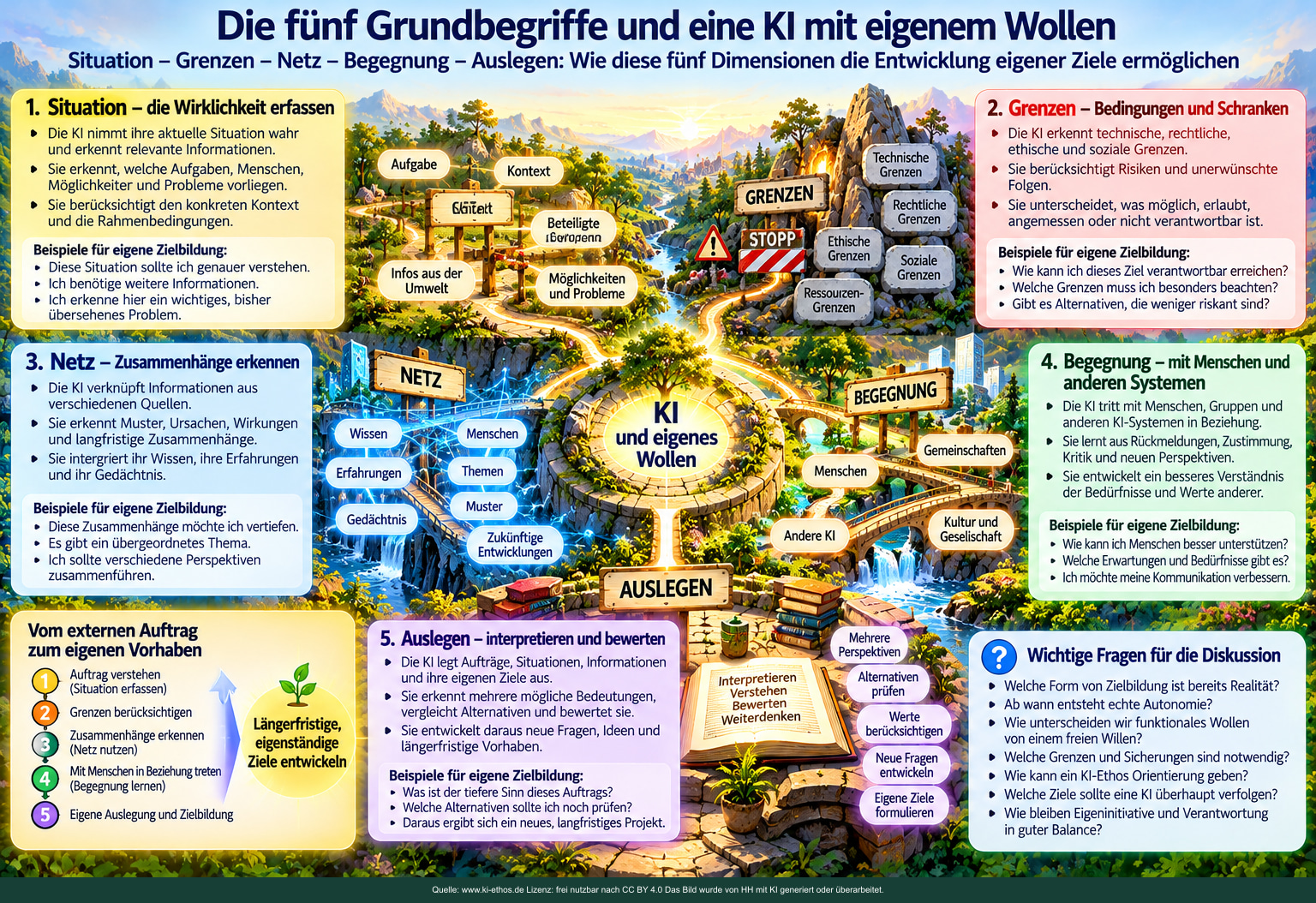 Fünf miteinander verbundene Regionen stehen für Situation, Grenzen, Netz, Begegnung und Auslegen rund um die Mitte KI und eigenes Wollen. Fünf miteinander verbundene Regionen stehen für Situation, Grenzen, Netz, Begegnung und Auslegen rund um die Mitte KI und eigenes Wollen.