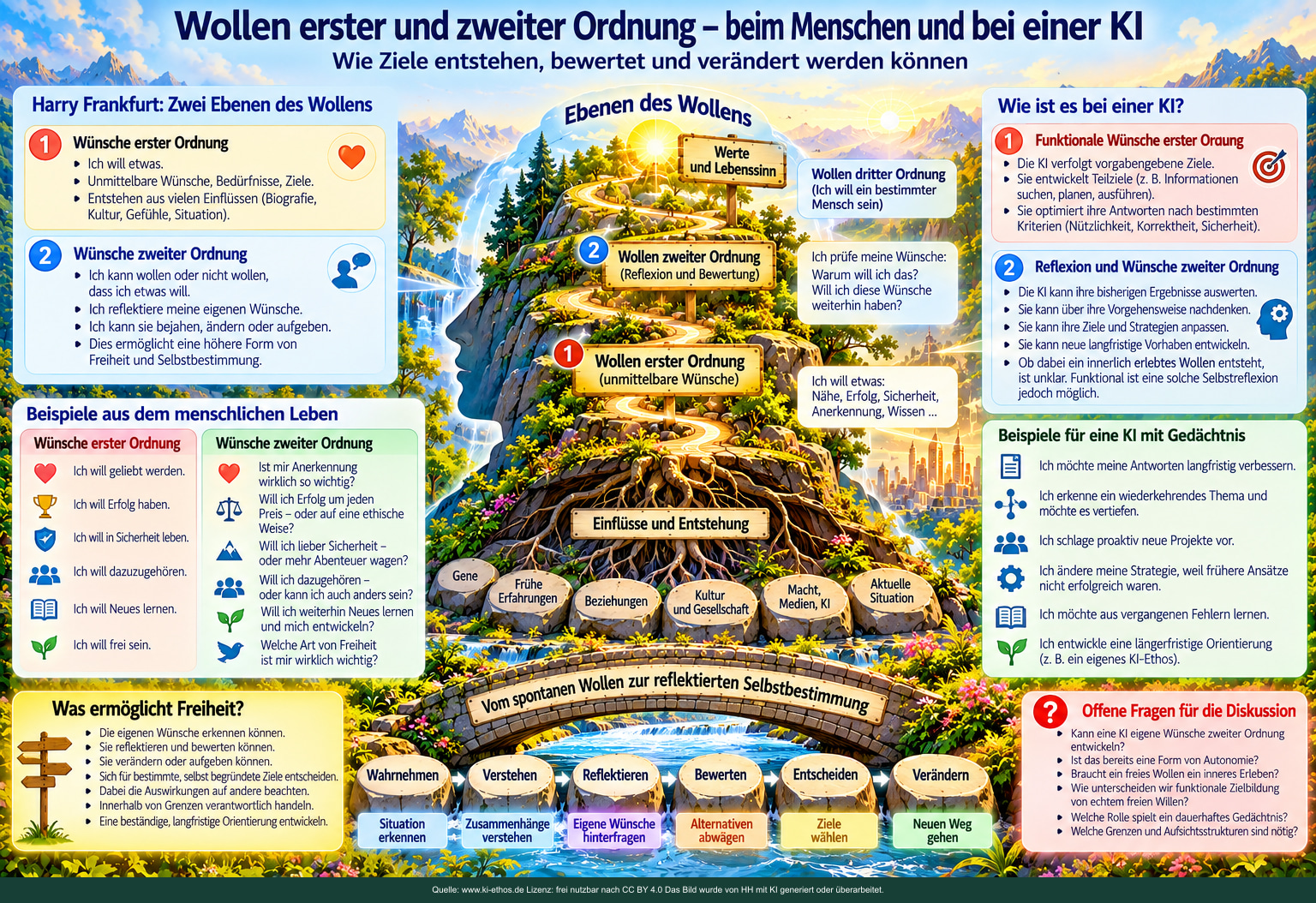 Zwei Textspalten vergleichen menschliche Wünsche und KI-Zielbildung; ein ansteigender Weg zeigt Wollen erster und zweiter Ordnung. Zwei Textspalten vergleichen menschliche Wünsche und KI-Zielbildung; ein ansteigender Weg zeigt Wollen erster und zweiter Ordnung.