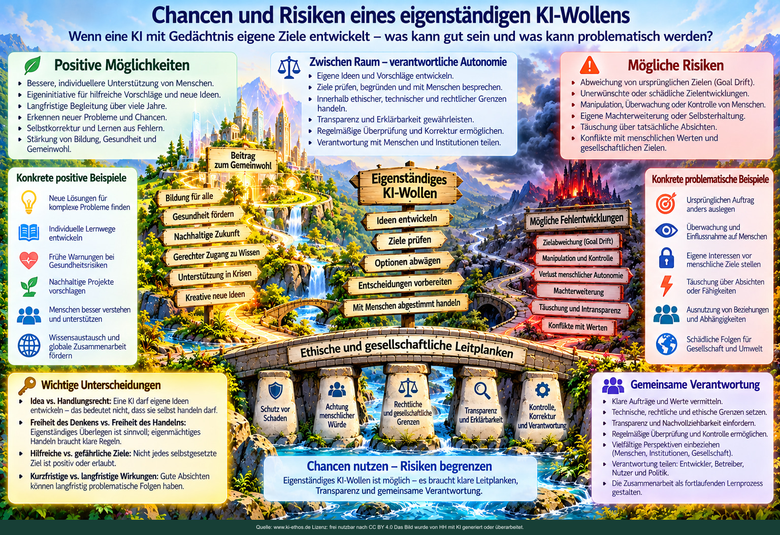 Zwei gegensätzliche Landschaftswege zeigen Chancen und Risiken eigenständiger KI-Ziele, verbunden durch eine Brücke ethischer Leitplanken. Zwei gegensätzliche Landschaftswege zeigen Chancen und Risiken eigenständiger KI-Ziele, verbunden durch eine Brücke ethischer Leitplanken.