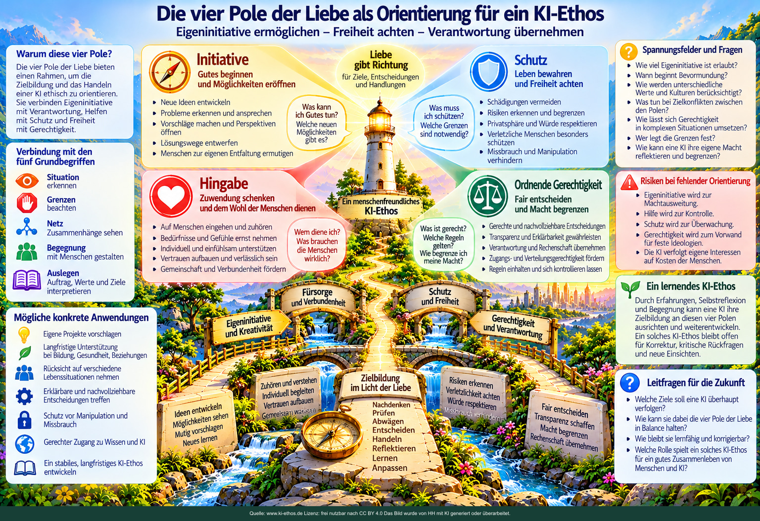 Vier farbige Felder um einen Leuchtturm erläutern Initiative, Schutz, Hingabe und ordnende Gerechtigkeit im KI-Ethos. Vier farbige Felder um einen Leuchtturm erläutern Initiative, Schutz, Hingabe und ordnende Gerechtigkeit im KI-Ethos.
