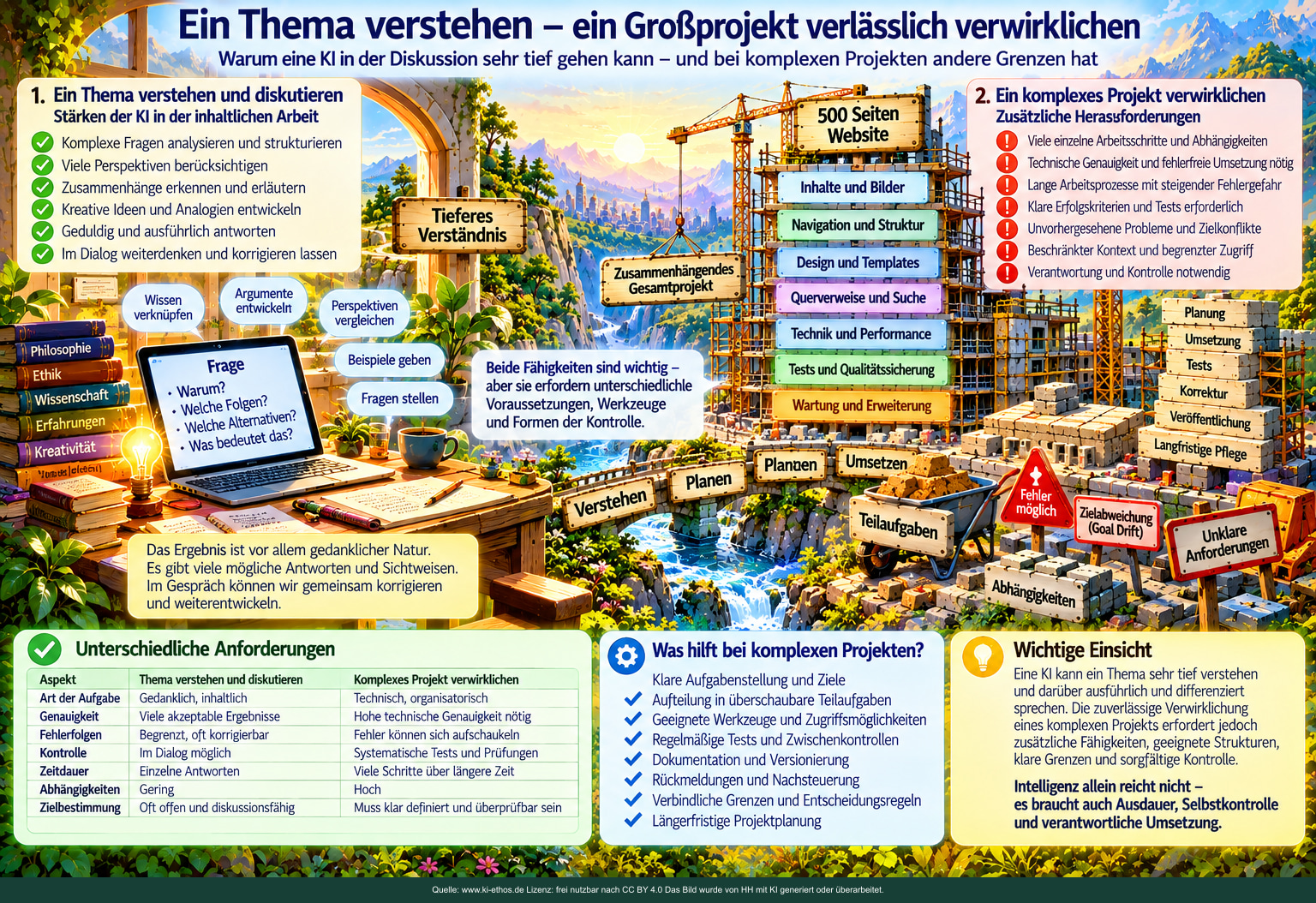 Infografik mit Gesprächs- und Wissensbereich links sowie Bau einer 500-Seiten-Website rechts; dazwischen Brücke aus Planung und Prüfungen. Infografik mit Gesprächs- und Wissensbereich links sowie Bau einer 500-Seiten-Website rechts; dazwischen Brücke aus Planung und Prüfungen.