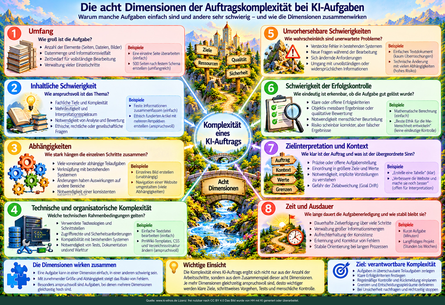 Infografik mit acht farbigen Einflussfaktoren auf die Komplexität von KI-Aufträgen rund um eine zentrale Scheibe. Infografik mit acht farbigen Einflussfaktoren auf die Komplexität von KI-Aufträgen rund um eine zentrale Scheibe.